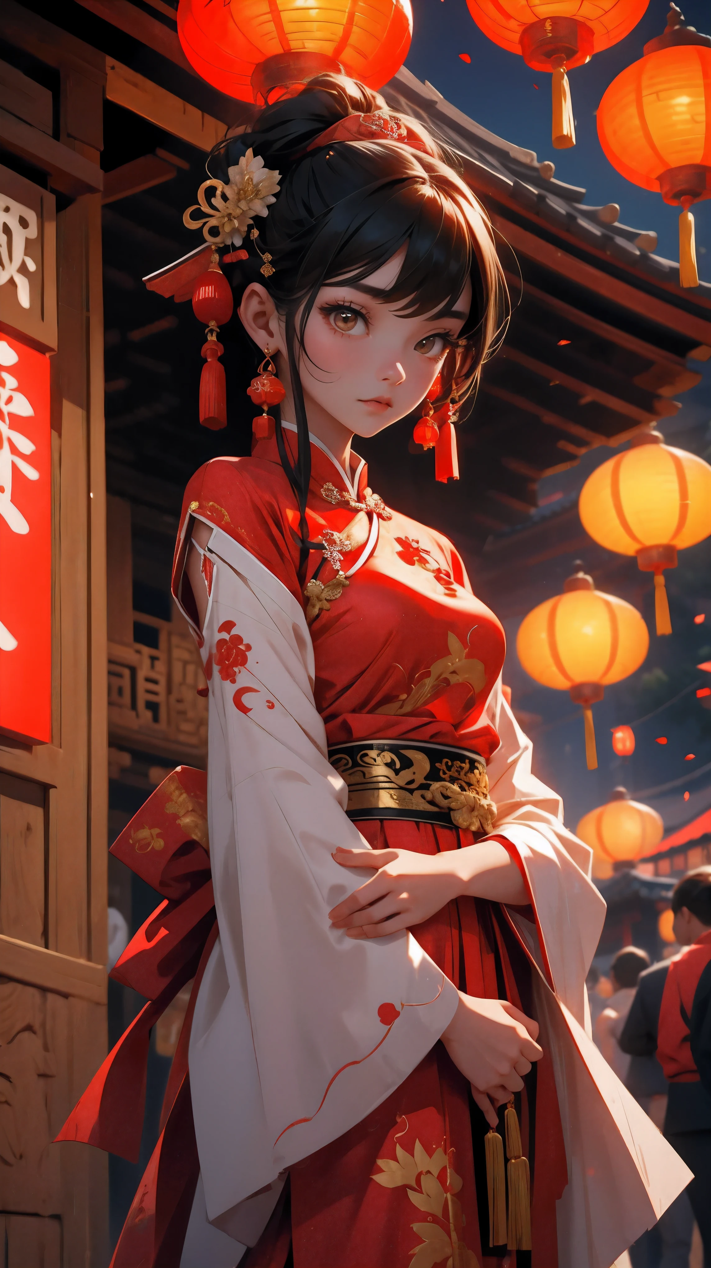 beautiful Chinese girl in traditional dress, ancient asian city, red lanterns