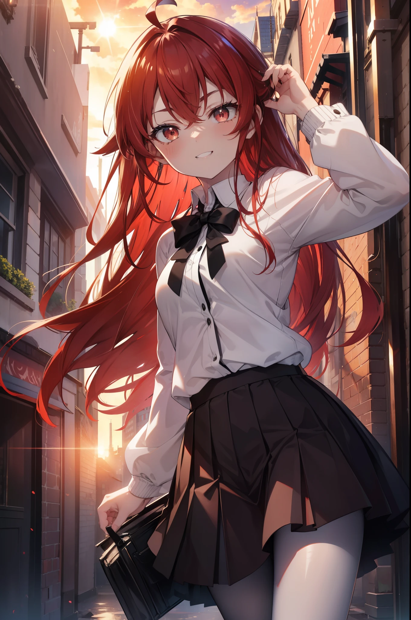 Eris Greyrat, you become greyrat, Ahoge, hair between eyes, long hair, (red eyes:1.5), redhead, side lock, (small breasts:1.2),happy smile, smile, open your mouth,break black ヘアバンド, black ribbon, white Y-shirt,red cardigan,black blazer Front open,black pleated skirt,white stockings,brown loafers,sunset,evening,the sun sets,
break looking at viewer,look up from below,
break outdoors, city,building street,
break (masterpiece:1.2), highest quality, High resolution, unity 8k wallpaper, (shape:0.8), (fine and beautiful eyes:1.6), highly detailed face, perfect lighting, Very detailed CG, (perfect hands, perfect anatomy),