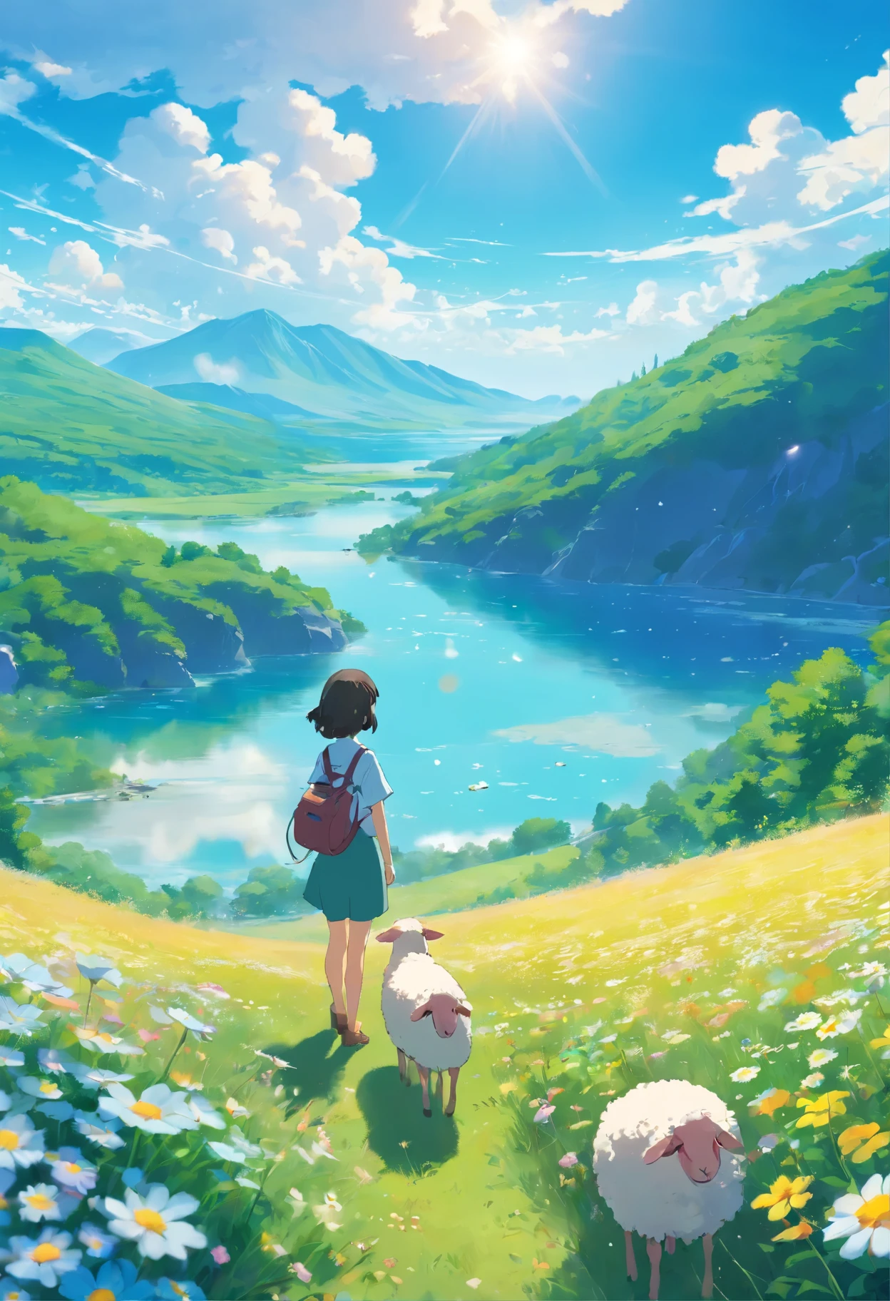 Summer, meadows, a few small flowers, clear lakes, sheep, heaven, large clouds, blue sky, hot weather, HD detail, hyper-detail, cinematic, surrealism, soft light, deep field focus bokeh, distant vistas are snowy mountains, ray tracing, and surrealism. --v6