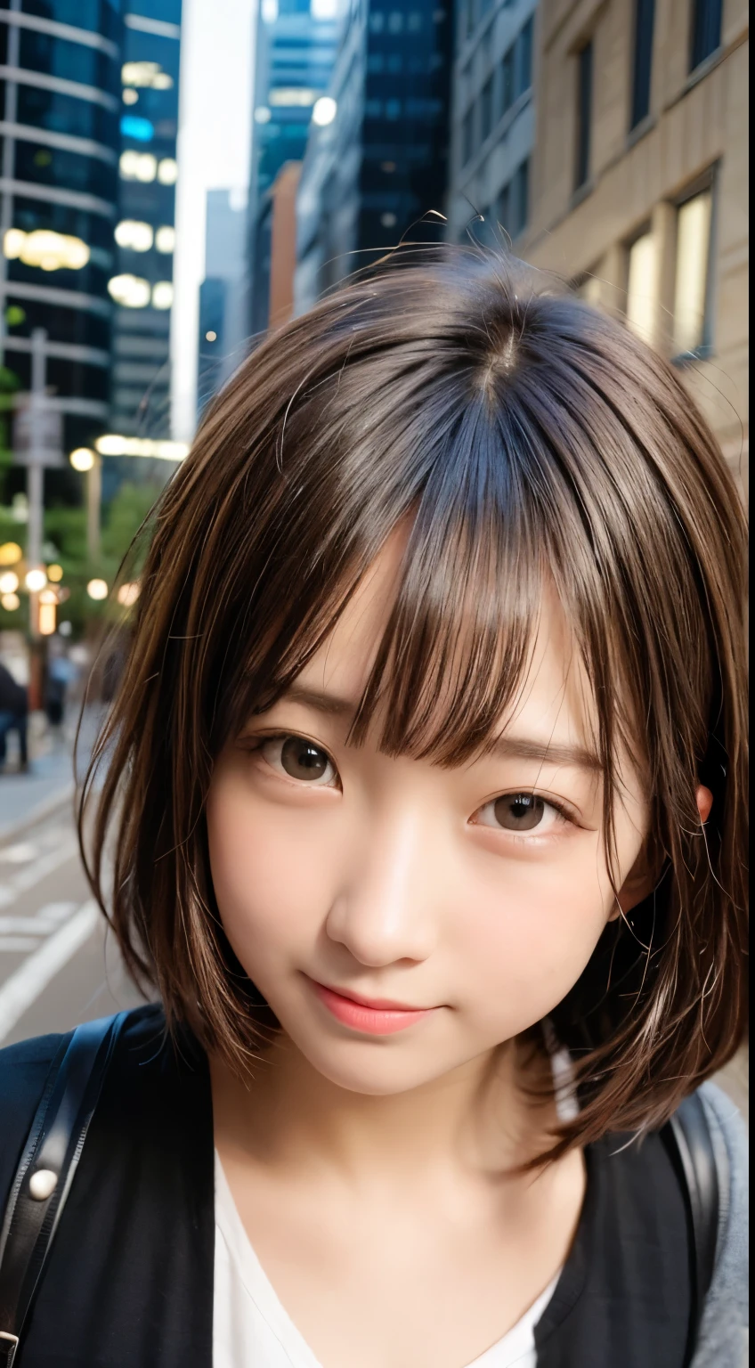 send, best quality person, 8K, disorganized person, (Upper body:1.4), white shirt, beautiful girl, pretty face, looking at the viewer, smile, surreal, High resolution, photograph, concentrated, high dynamic range, face lamp, dynamic lighting, movie lighting, professional shadow, beautiful cityscape background, extreme details, very detailed, super detailed, finely, real skin, exquisite features, detailed face and eyes, sharp pupils、realistic student