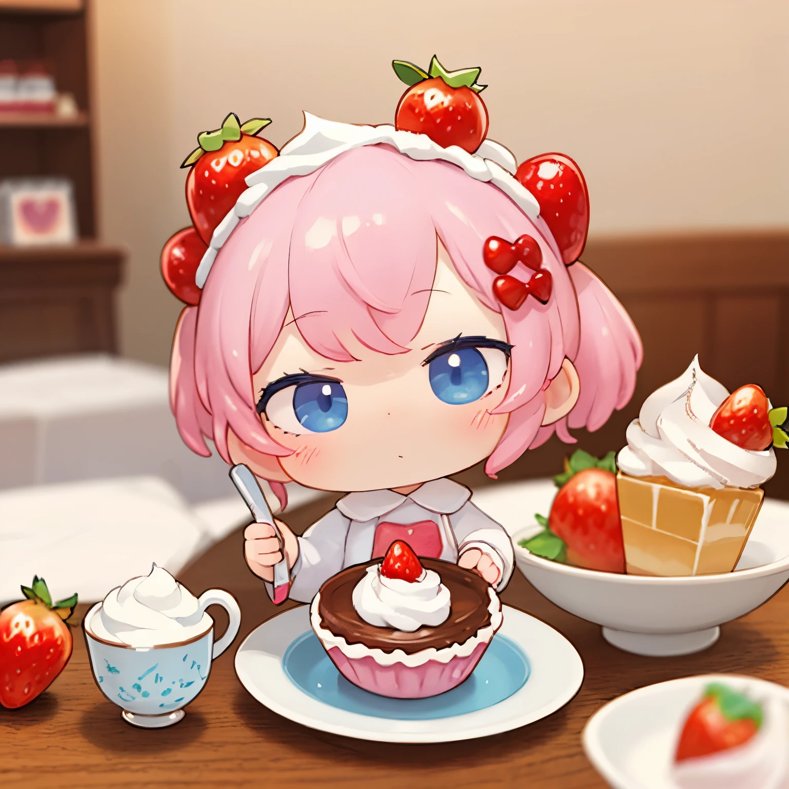 Photoreal、anime character(chibi girl、The lines are thick、Deformed)There is a whole cake with a picture of、strawberry、Whipped cream