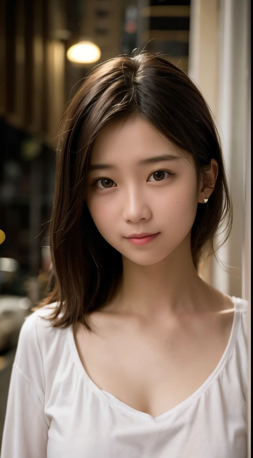 send, best quality person, 8K, disorganized person, (Upper body:1.4), white shirt, beautiful girl, pretty face, looking at the viewer, smile, surreal, High resolution, photograph, concentrated, high dynamic range, face lamp, dynamic lighting, movie lighting, professional shadow, beautiful cityscape background, extreme details, very detailed, super detailed, finely, real skin, exquisite features, detailed face and eyes, sharp pupils、realistic student