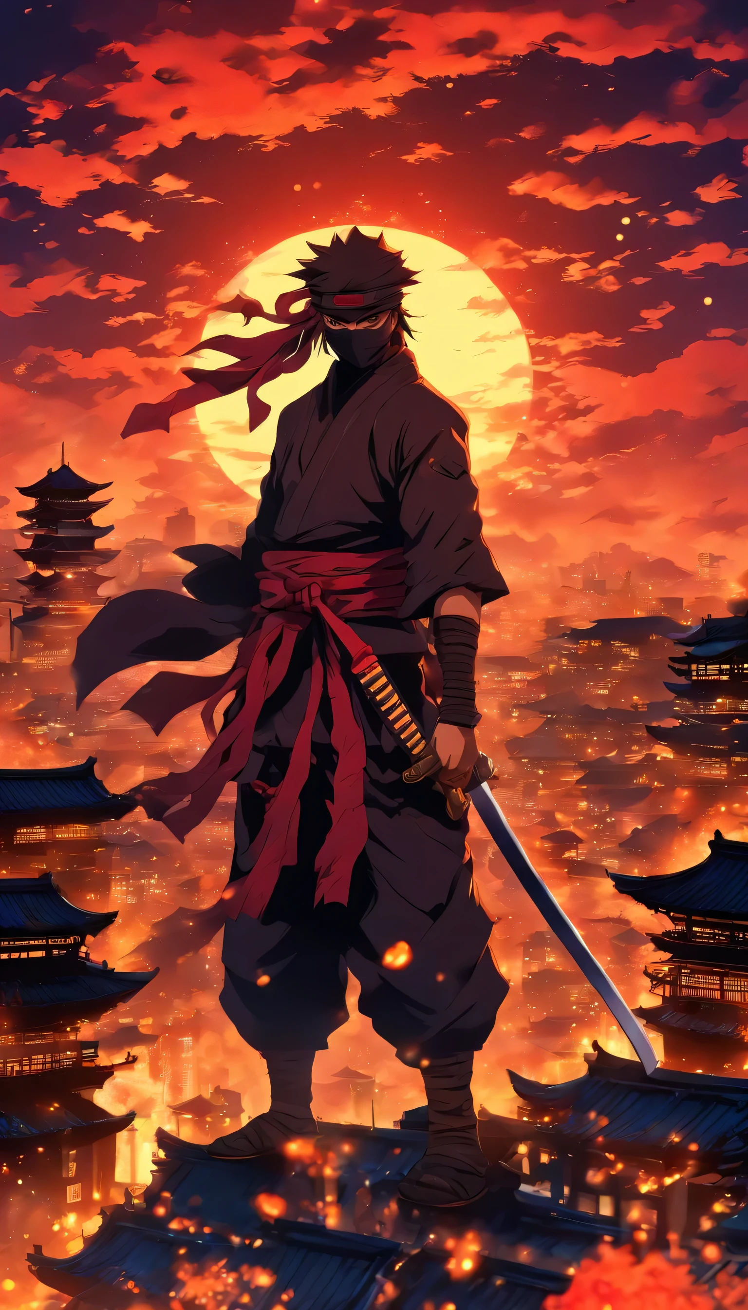 Gata ninja, profundidade de campo, master part, best quality, olhos azuis, On the rooftops of Japan, sozinho, Olhando para o Viewer, quimono, ninjitsu, luz lunar fraca, katana, shuriken, cachicol vermelho
