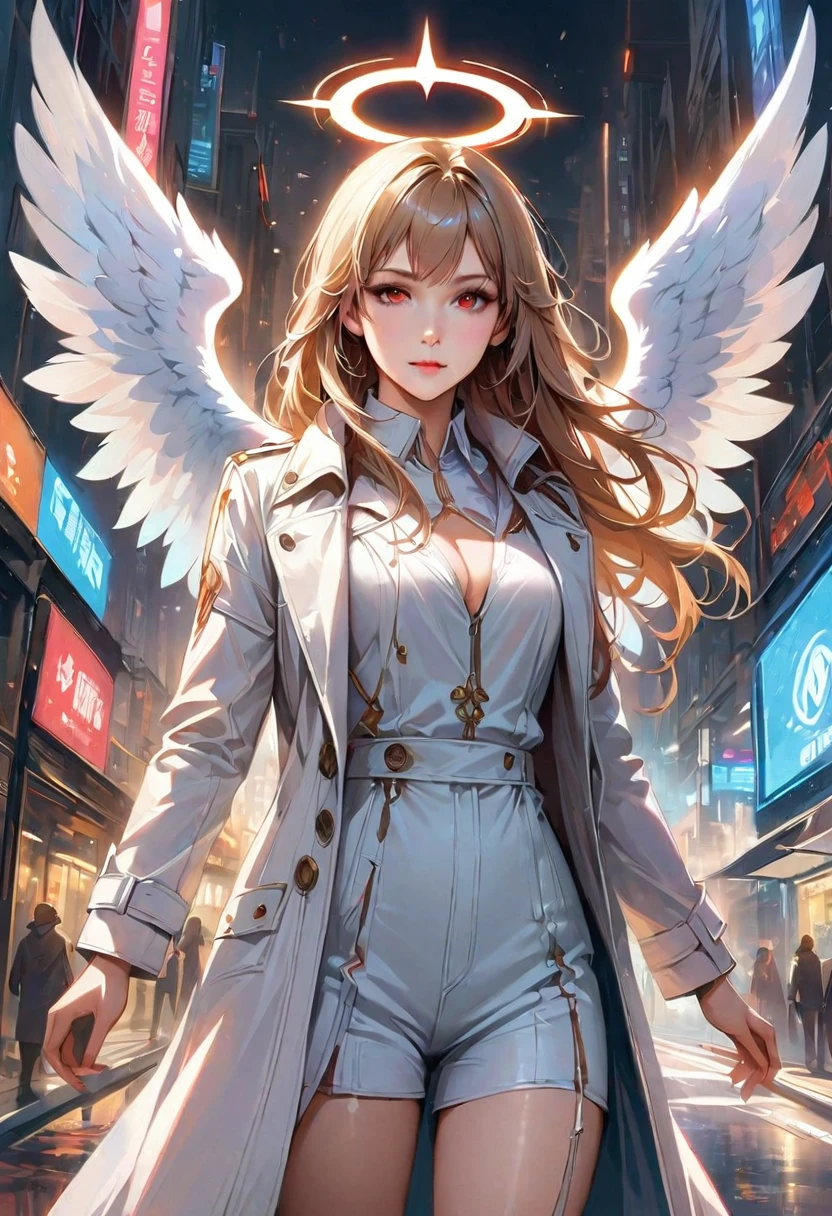 1girl,golden hair,red eyes,long white trench coat,[white angel wings],on the streets of a city,[clothes with black details],shiny eyes,[halo of light on the head],day,[dramatic colors],illustration,ultra-detailed,[highres],realistic Explanation: This prompt describes a detailed and realistic illustration of a girl with golden hair and red eyes. She is wearing a long white trench coat with black details, which adds contrast and style to her outfit. The girl is standing on the streets of a city, surrounded by the hustle and bustle of urban life. Her brilliant red eyes shine with intensity and determination, capturing the attention of anyone who sees her. A pair of white angel wings is attached to her back, symbolizing her purity and divine presence in the chaotic city. On top of her head, there is a halo of light, accentuating her angelic nature. The scene is set during the day, allowing vibrant and dramatic colors to fill the artwork and create a visually striking composition. The overall quality of the image is high, with fine details and a realistic appearance. It is an illustration created with great attention to detail, providing an immersive and visually appealing experience.