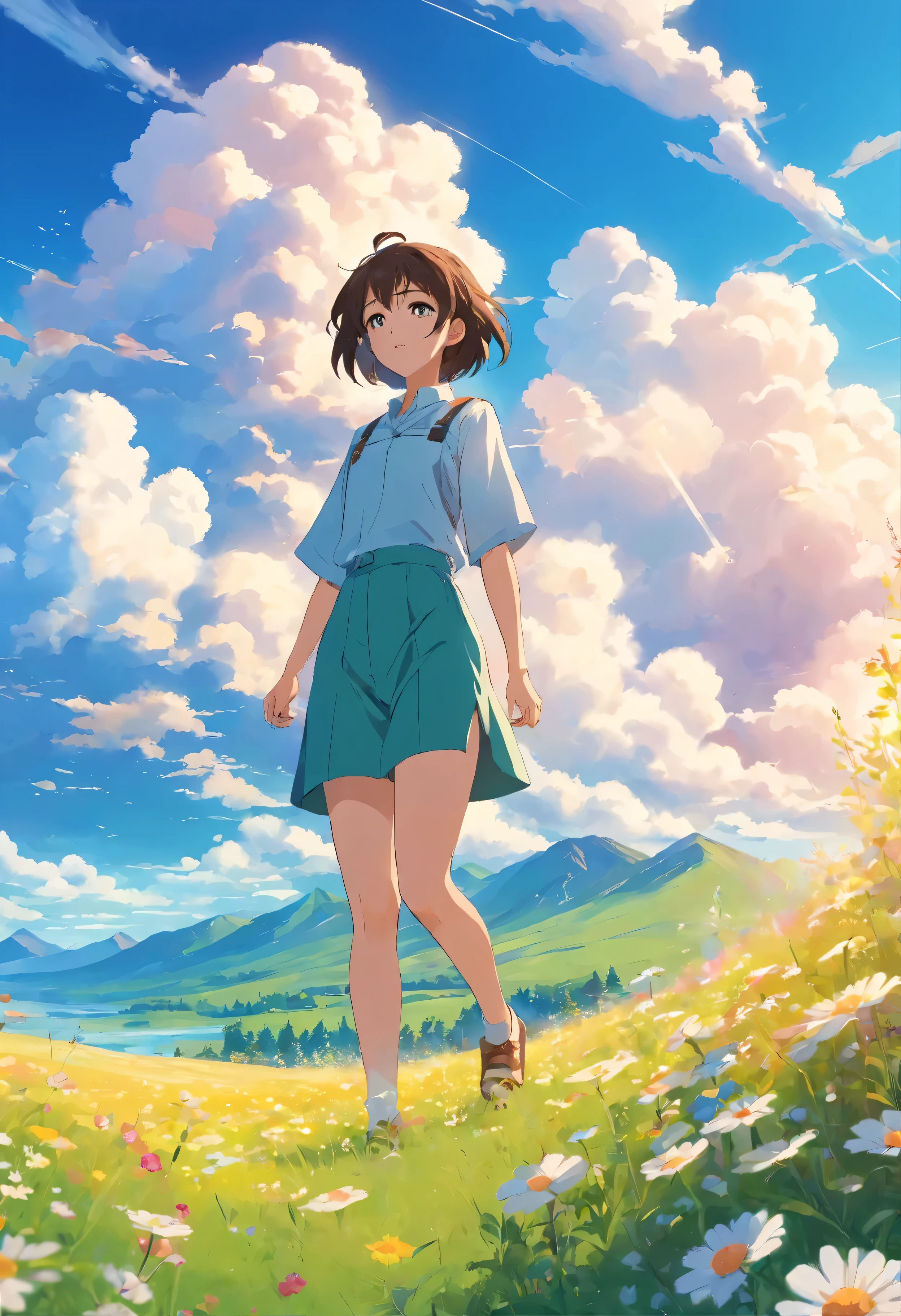 Summer, meadows, a few small flowers, clear lakes, sheep, heaven, large clouds, blue sky, hot weather, HD detail, hyper-detail, cinematic, surrealism, soft light, deep field focus bokeh, distant vistas are snowy mountains, ray tracing, and surrealism. --v6