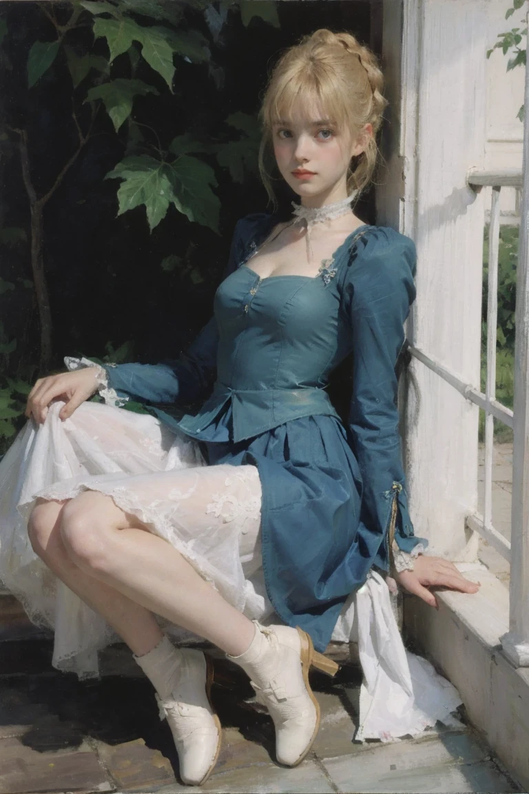 ccsaber, blonde hair, green eyes, ahoge, white shirt, blue skirt, black pantyhose,High resolution, Unique image, 1 girl, armpit, Bangs, bare shoulders, raid, Chest, lift legs, shut mouth, bench, Cover belly button, curtain, Split collar, earrings, Eyebrows visible through hair, garters, gradient hair, High heel, high legs, high legs tights, huge Chest, jewelry, tights, light blush, looking at the audience, on bench, Pillow, short hair, sitting, alone, Tail, lift your legs