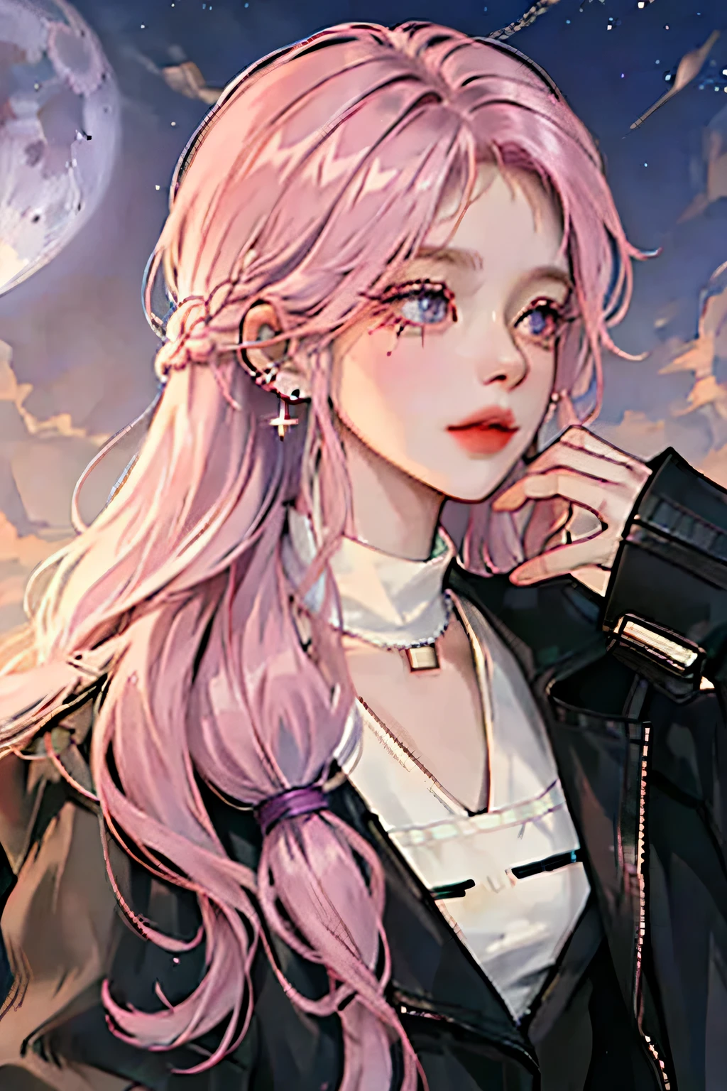 1girl, 1boy, jewelry, earrings, long_hair, pink_hair, profile, moon, black_hair, jacket, braid, turtleneck, upper_body, piercing, shirt, cloud, black_shirt, sky, wavy_hair, necklace, star_(symbol), very_long_hair, long_sleeves, ear_piercing, black_jacket, looking_up, from_side, purple_eyes