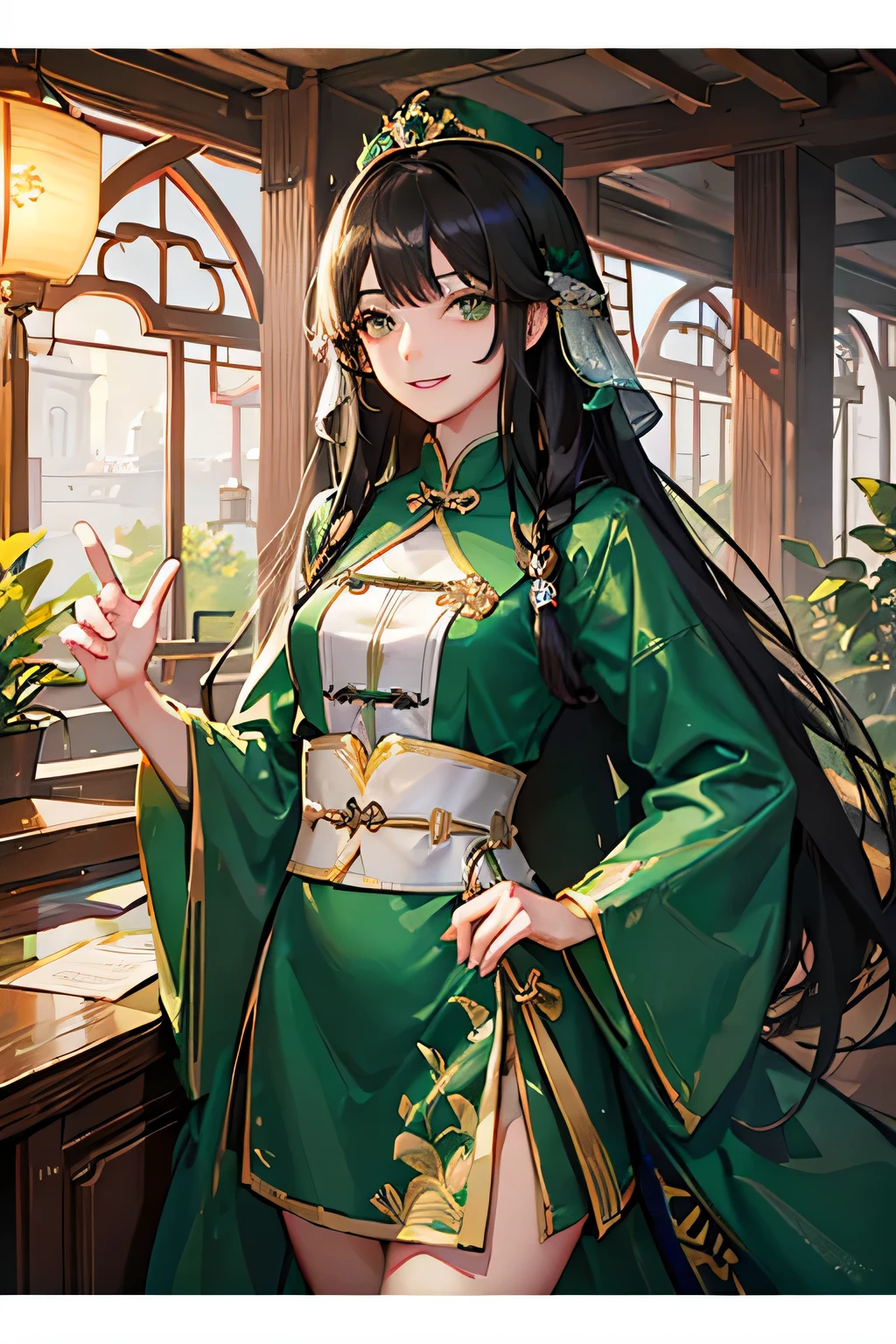 Pharmacist's monologue、1 person、short girl、greenish black hair、long hair、straight hair、Green Outfit、luster、small breastischievous smile、grinning face、lively look、green eyeaterial、China、Palace、senior queen