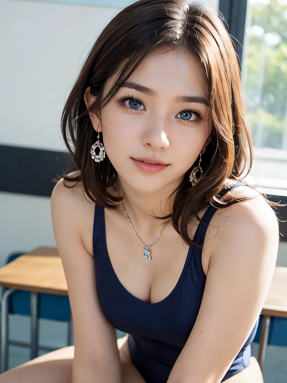 nsfw, (photorealistic, best quality, 8k, masterpiece:1.2), beautiful Japanese girl, 20 years old, slender, detailed face, wavy and medium hair, (light brown hair:1.3), necklace, earrings, bracelet, (school swimsuit:1.4), (undressing), cute, detailed eyes, (blue eyes:1.1), small breasts, cleavage, (looking back at viewer:1.3), (close-up face), smile, sitting on chair, spread legs, classroom