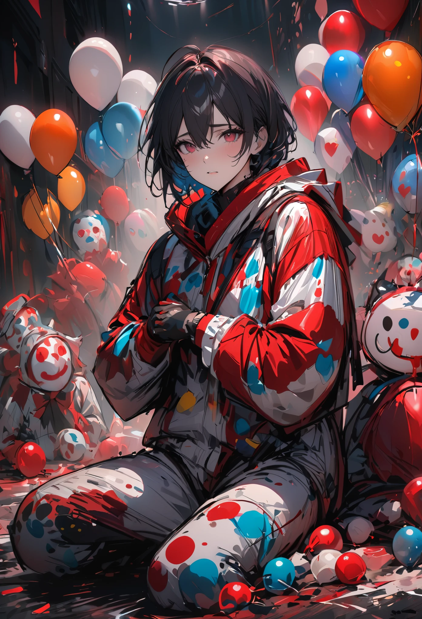 (Masterpiece Painting:1.3) of (Sketch:1.3),(Sad:1.3) 1clown, boy, Gorgeous clown suit,blood bleeding from the heart position,looking at viewer,ballons everywhere, red and white as the color theme,dark background,some smiley emojis hidden in the dark