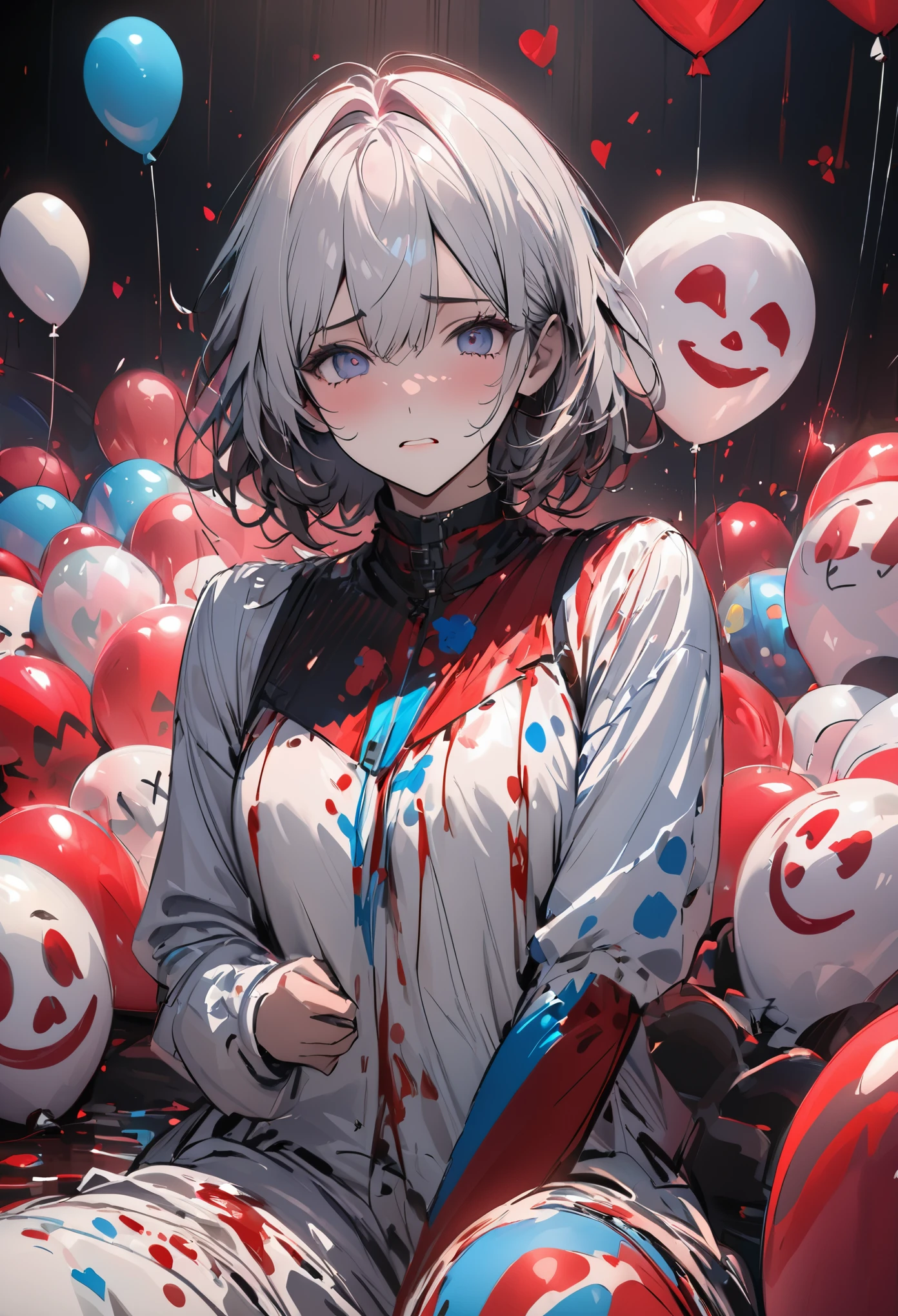(Masterpiece Painting:1.3) of (Sketch:1.3),(Sad:1.3) 1clown, boy, Gorgeous clown suit,blood bleeding from the heart position,looking at viewer,ballons everywhere, red and white as the color theme,dark background,some smiley emojis hidden in the dark