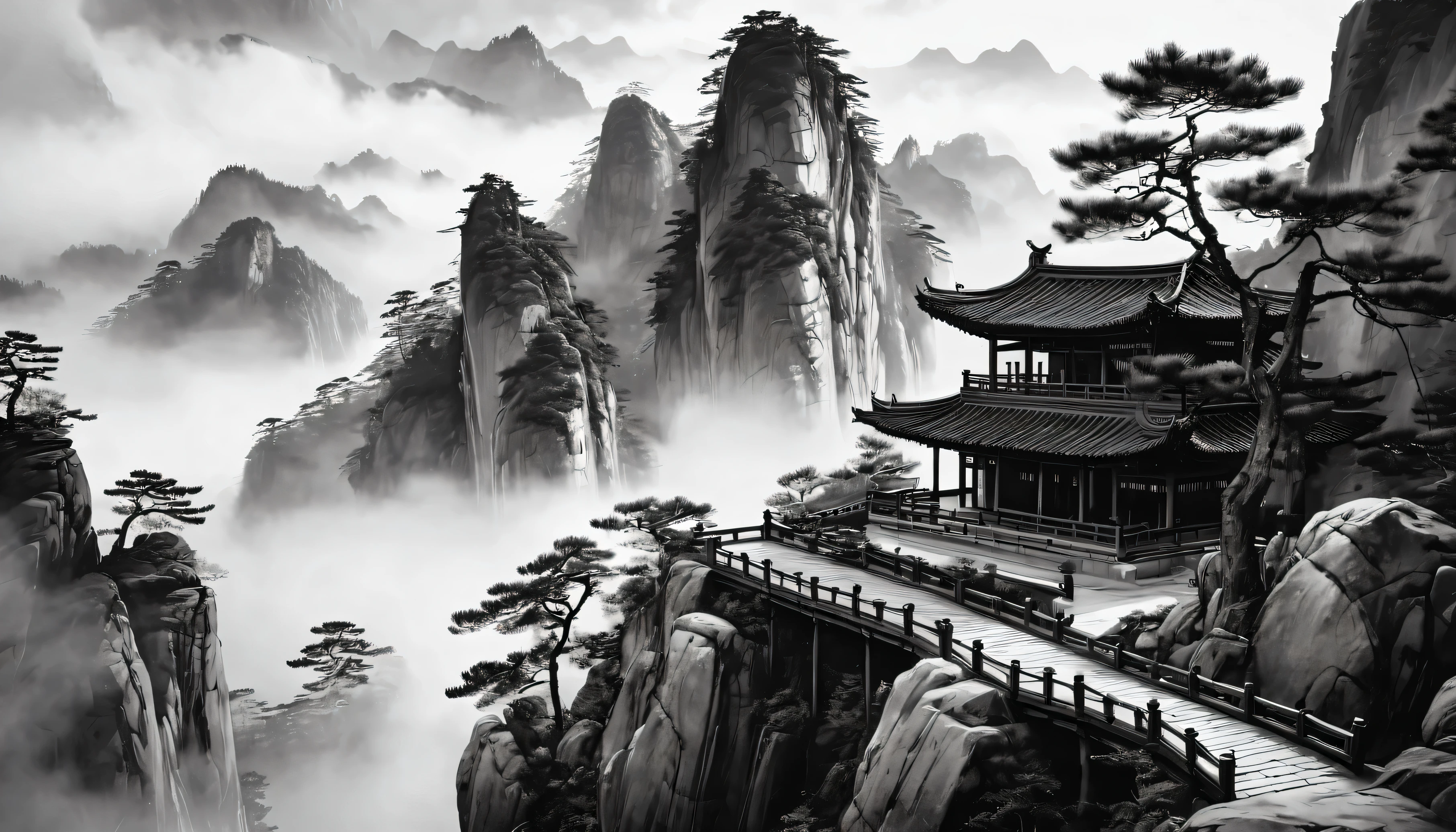 masterpiece,best quality,ink painting, Grayscale,Chinese martial arts style, and the vast sky, rolling mountains and steep cliffs, ink wash style, rim light, ((atmosphere)), depth of field, mist rises, pavilion,stone steps,pine, stone pavilions, Fall,ink,[black and white],(original photo, best quality), (actual, photo-actual:1.3), masterpiece, extremely delicate and beautiful, high resolution, The original, perfect lighting, (Extremely detailed CG:1.2), Unite, 2k wallpaper,
Astonishing, fine details