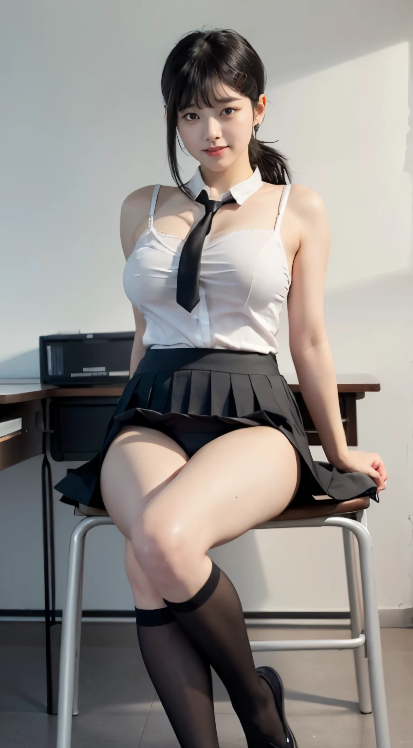 Highest image quality、ultra high resolution、professional lighting、detailed background、are in the classroom、full body,Kobeni-chan、A sloppy smile、25 year old woman、beautiful girl、(Kobeni-chan、jet black hair, black hair, bangs, One-sided hair,)、(red hair clip:1.1)、(white sleeveless shirt:1.2)+(black tie:1.2)+(gray pleated skirt:1.2)、Black tights、(Huge breasts that are about to explode:1.2)、(big thighs:1.1)、troubled face、confused eyes、sitting on the desk、(Open your crotch to show your underwear:1.5)、(A woman opens her legs and shows her shorts)、facing the front、