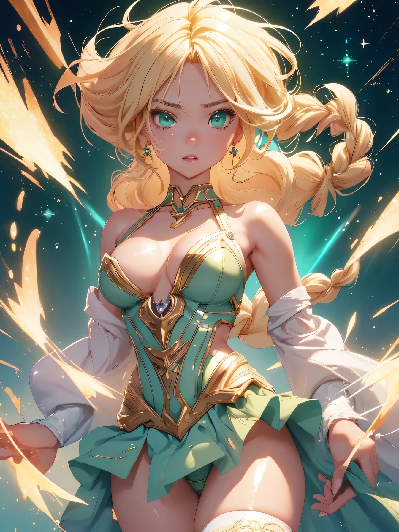 nsfw:1.1, high resolution:1.7, incredibly absurdres, kawaii:1, cute:1.5, hires.fix, anime visual:1, incredibly fine illustration,8k,masterpiece:1.2,best quality, high quality, exquisite, beautiful, insanely detailed, intricate detailed, extremely detailed, Super Definition, ultra high res, Super Resolution, best aesthetic, ultra detailed:1.5, best quality, perfect face, detailed face, masterpiece:1.2, illustration:1.2, 8k cg wallpaper, stunning art,absurdres,octane render,ultra hires,
Japanese Actress,(Idol),18yo,Beautiful,(Cute and lovely),cute girl,((anime elf with extremely cute and beautiful blonde hair)),((((blonde hair:1.35,blonde single braid,colored inner hair,ear breathing)))),(((green_eyes:1.3))),intricate eyes,beautiful detailed eyes,symmetrical eyes,big eyes:1.5,enchanting bright eyes studded with gold and silver dust,(((pinky skin,glowing_skin,lustrous skin:1.5,bright skin: 1.5,skin tanned,shiny skin,very shiny skin,shiny body,plastic glitter skin,exaggerated shiny skin,illuminated skin))),upward breasts,waist slender,(detailed body,(detailed face)),cute,daring,zettai ryouiki,show skin,best relationship with four fingers and one thumb,Very Fine Face and Eyes,Very Fine Hair,(Perfect Anatomy),((girl trembling with sexual climax)),Garter Belt,Bare shoulders,((Check out our thru-rack chokers and midi rings with chains,Amidst a cosmic battle, an interstellar warrior girl in cosmic combat armor fought against extraterrestrial adversaries with a blend of technology and martial arts, her bravery shining through