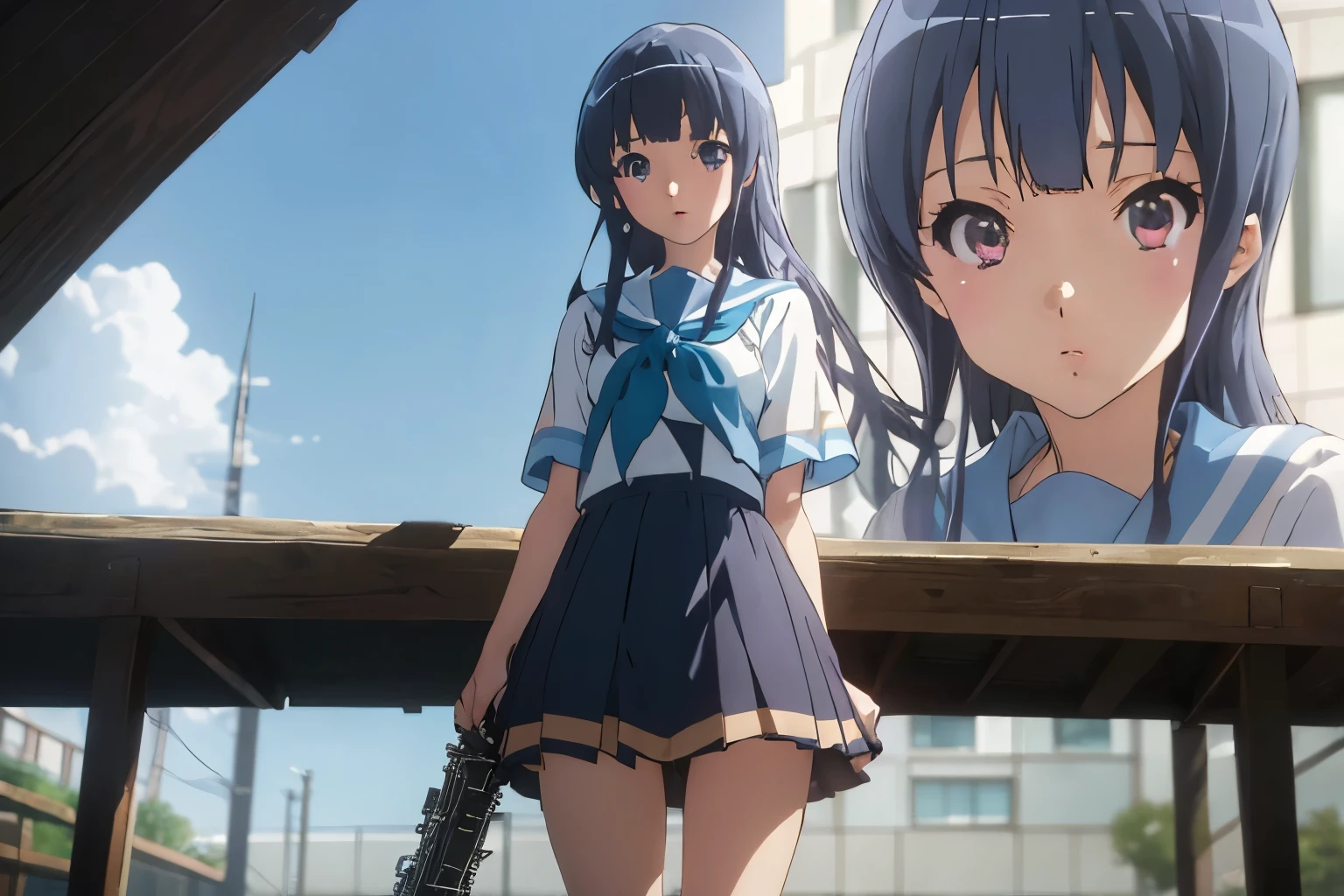 From below ,upskirt,,Full body,Beautiful legs,1girl,standing, (((wind))),outdoors,looking afar,((( wind))),white lace panties ,beautiful thighs alone ,beautiful thighs,looking at the viewer, anime coloring, mizore yoroizuka, Kitauji High School , serafuku, blue sailor collar, Blue neckerchief, looking at the viewer, parted lips , blurry,(figure:0.8), (detailed and beautiful eyes:1.6), highly detailed face, perfect lighting, Highly detailed CG, (perfect hands, perfect anatomy),masterpiece,High resolution,anime key visual,detailed and beautiful eyes,highest  quality,unity 8k wallpaper,super dense skin,white skin,best quality, Wallpaper,8k,Kyoto animation,Ultra detailed eyes,growing eyes,detailed face,high detailed hair,highest quality,holding music instrumental,fulute 
