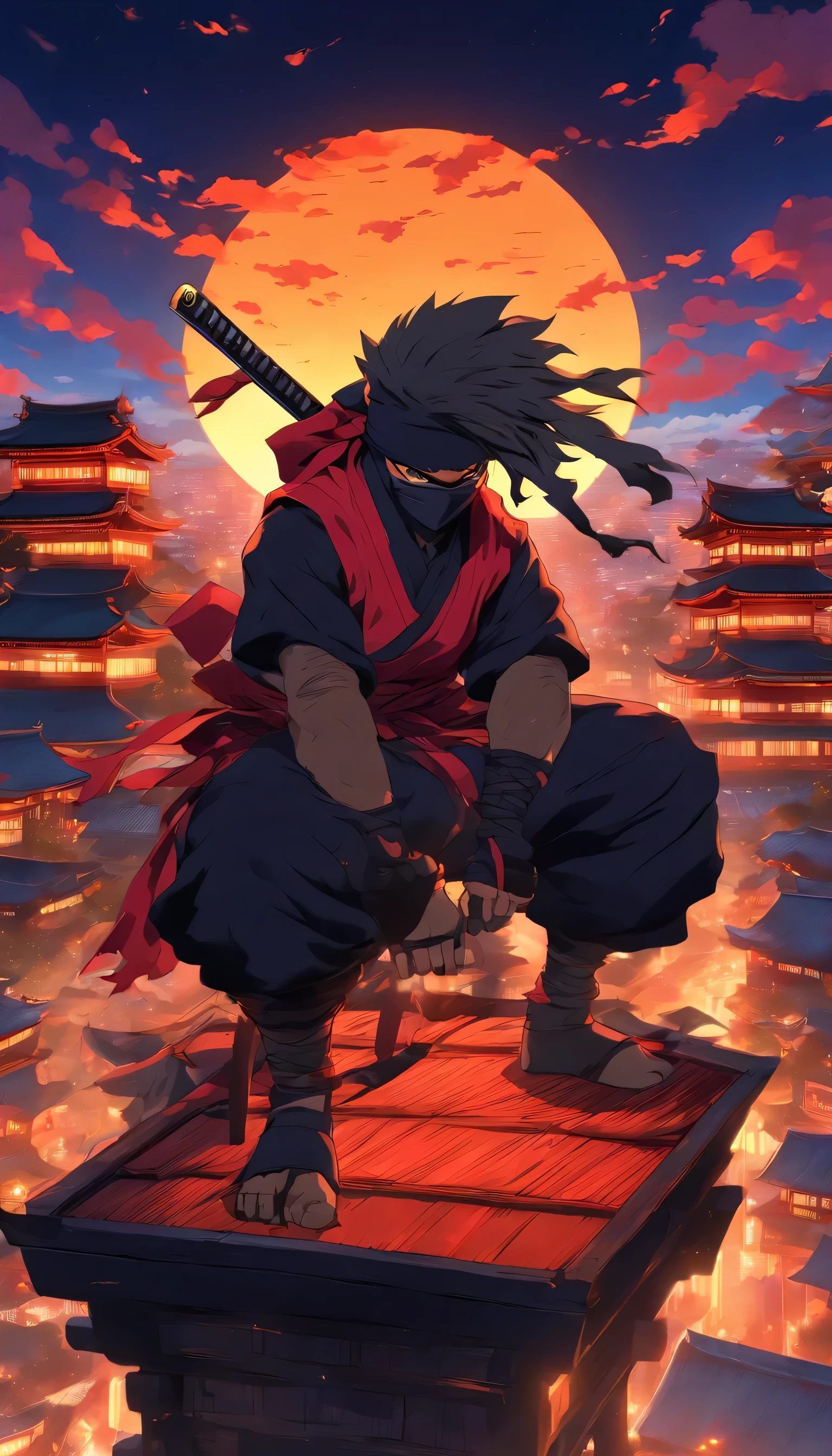 Gata ninja, profundidade de campo, main part, best quality, olhos azuis, sitting on the roof of Japan, sozinho, Olhando para o Viewer, quimono, ninjitsu, luz Lunar fraca, katana, shuriken, cachicol vermelho