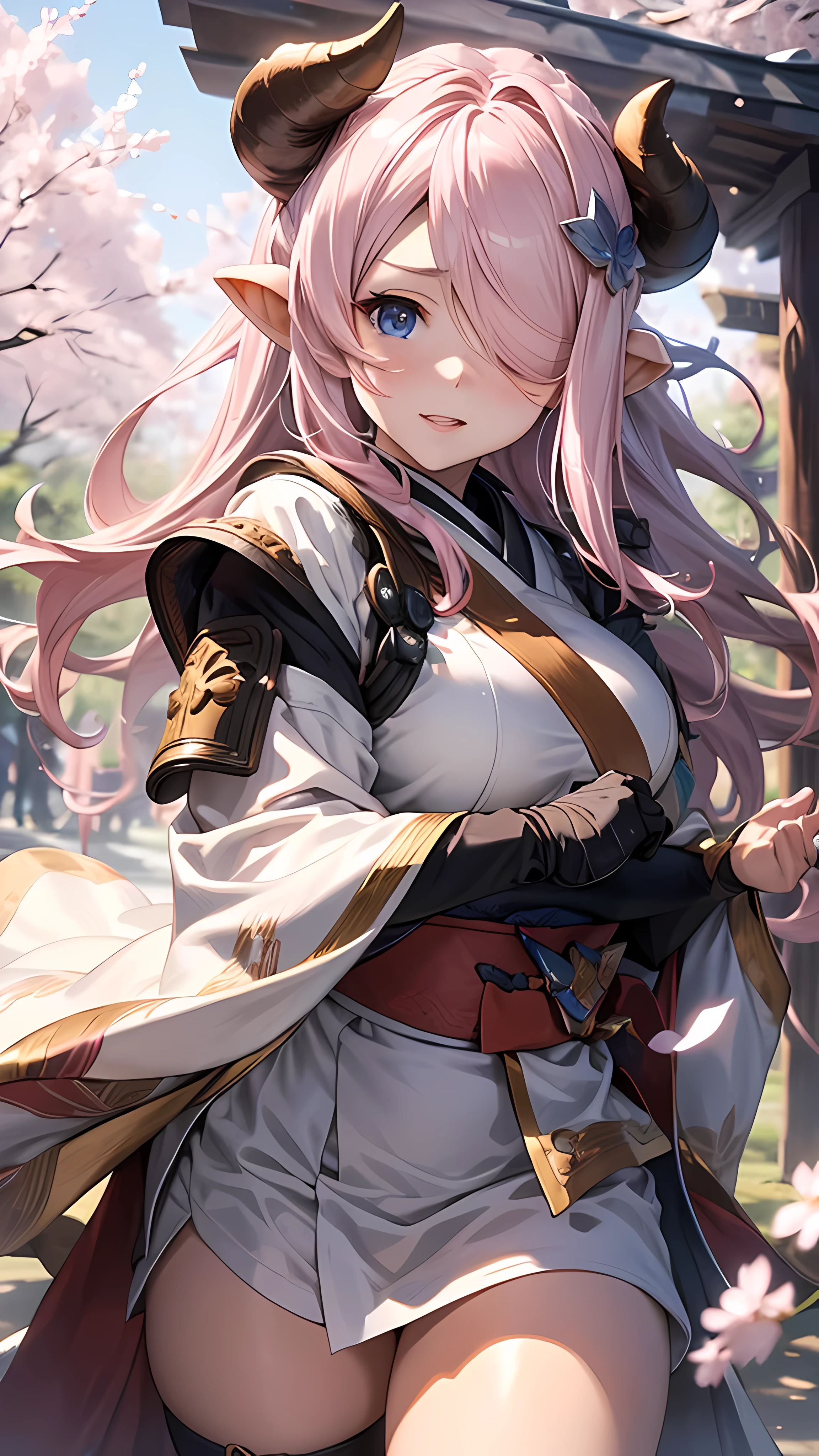 (best quality,4k,8k,highres,masterpiece:1.2),ultra-detailed,(realistic,photorealistic,photo-realistic:1.37),Narmaya wearing samurai armor in a forest of Cherry Blossoms,beautiful detailed eyes,beautiful detailed lips,extremely detailed eyes and face,long eyelashes,samurai armor,golden armor,Japanese sword,delicate armor details,flowing cherry blossoms,dappled sunlight,sun rays filtering through the trees,serene atmosphere,petals falling gracefully,faint scent of cherry blossoms,samurai warrior,fierce and determined expression(light),elegant and graceful posture,ancient Japanese art style,watercolor painting,soft and vibrant colors,subtle pink and white hues,gentle lighting,harmonious blend of colors and shadows, ((detailed heavy samurai armor)), 