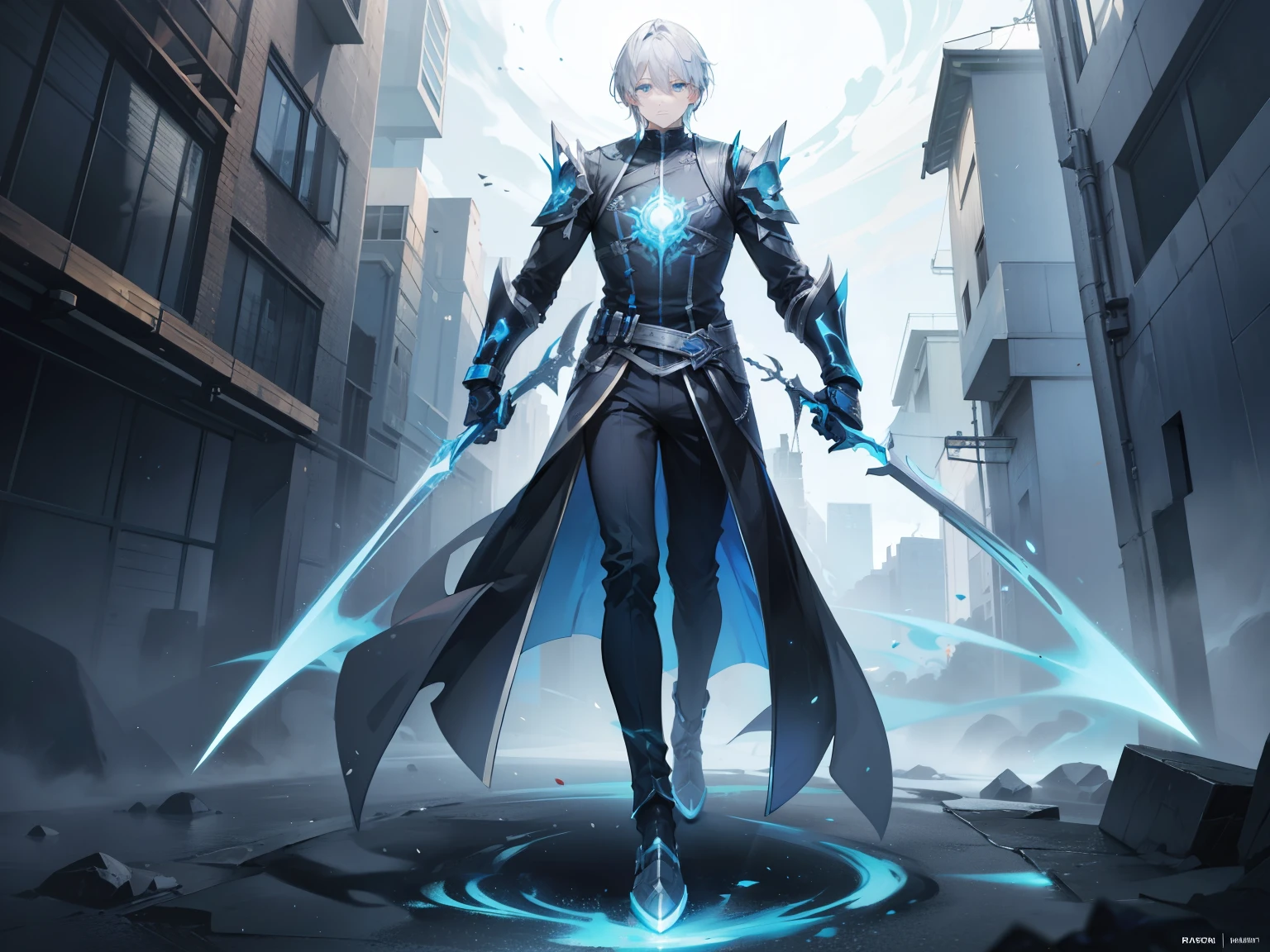 4k artwork of man with gray hair and glowing blue eyes front pose full body