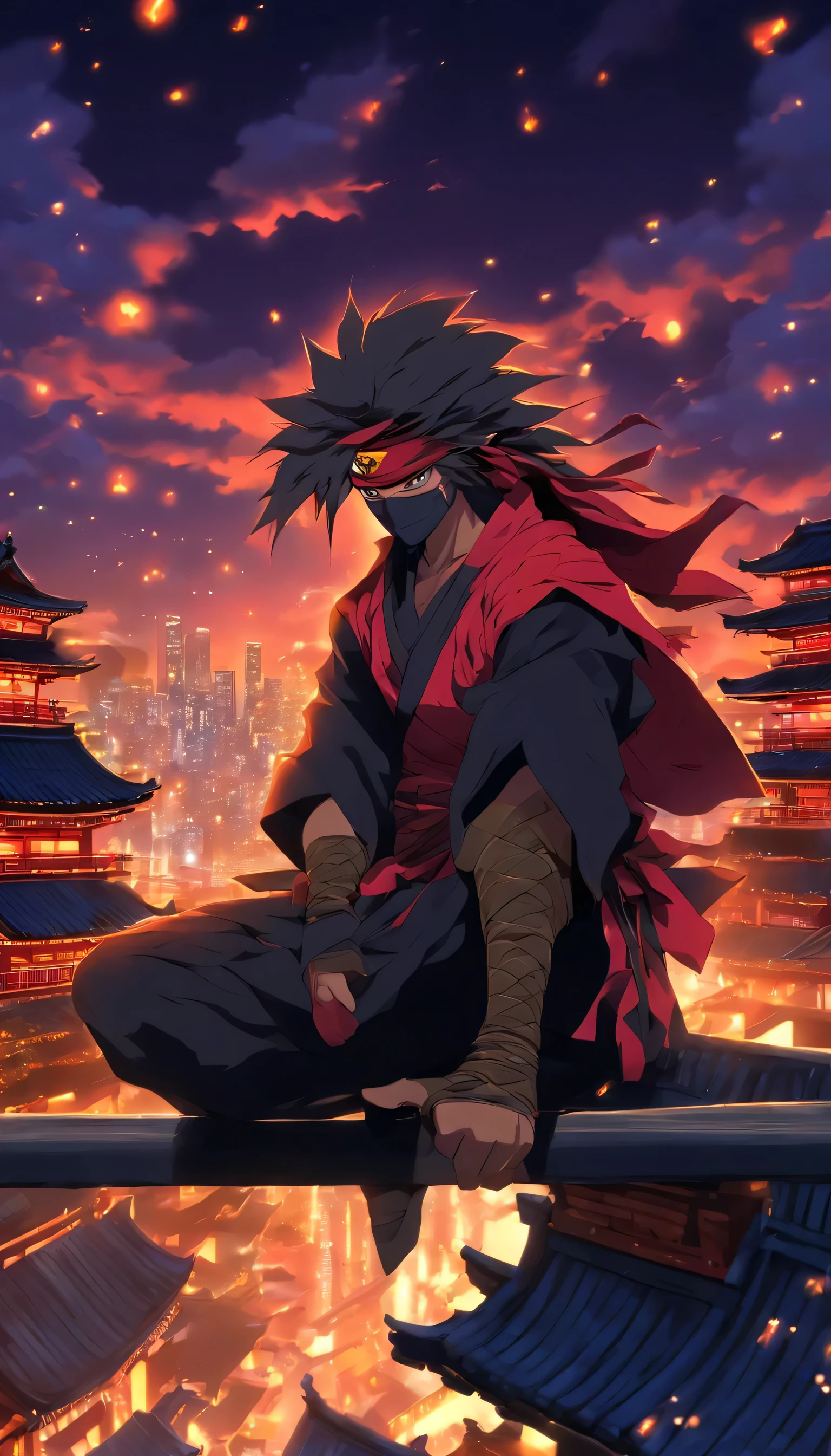 Gata ninja, profundidade de campo, main part, best quality, olhos azuis, sitting on the roof of Japan, sozinho, Olhando para o Viewer, quimono, ninjitsu, luz Lunar fraca, katana, shuriken, cachicol vermelho