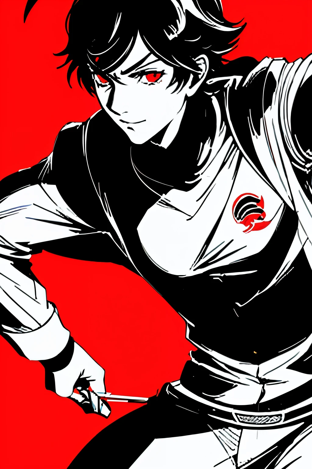 red_black_white,(masterpiece, highest quality:1.3),1 boy, cel shading, bold outline, flat color, sharp shadow, graphic style, (Manga influence), beautiful line drawing, (impressive visuals),colorful background