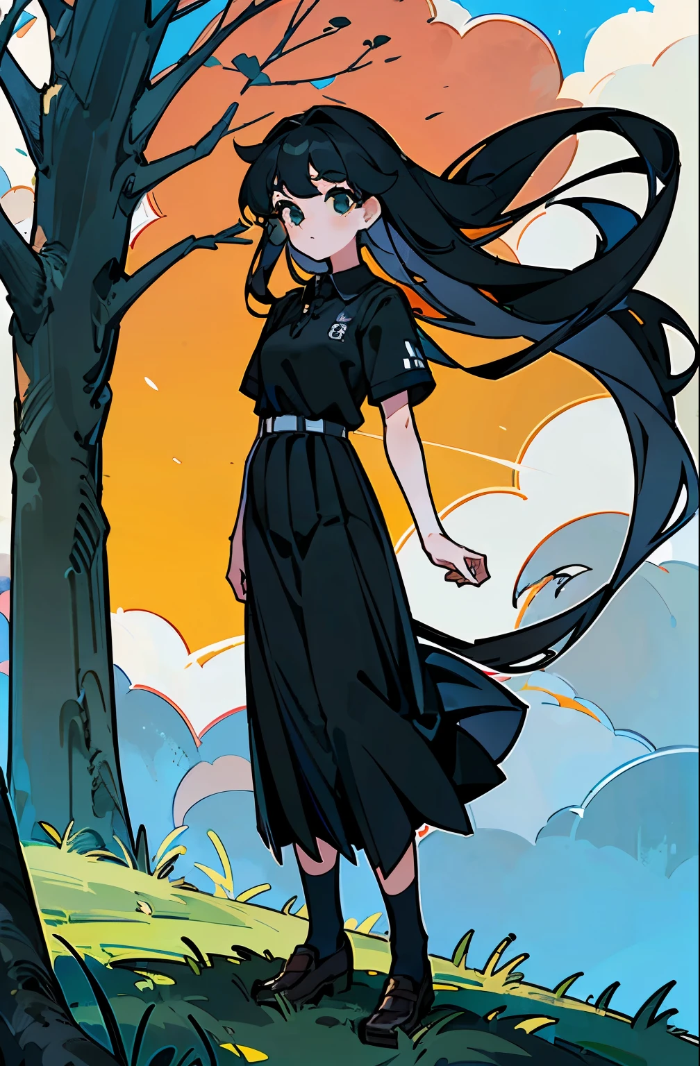 18-yrs old female with (long, black, straight hair), (tall), (cute clean beautifully drawn face without any make-up with moderately tall nose), with (school uniform with ((plain,very long, black skirt)), black ribbon, white polo and black belt), (full body) in great quality, with grassy background with clouds, trees, and people.