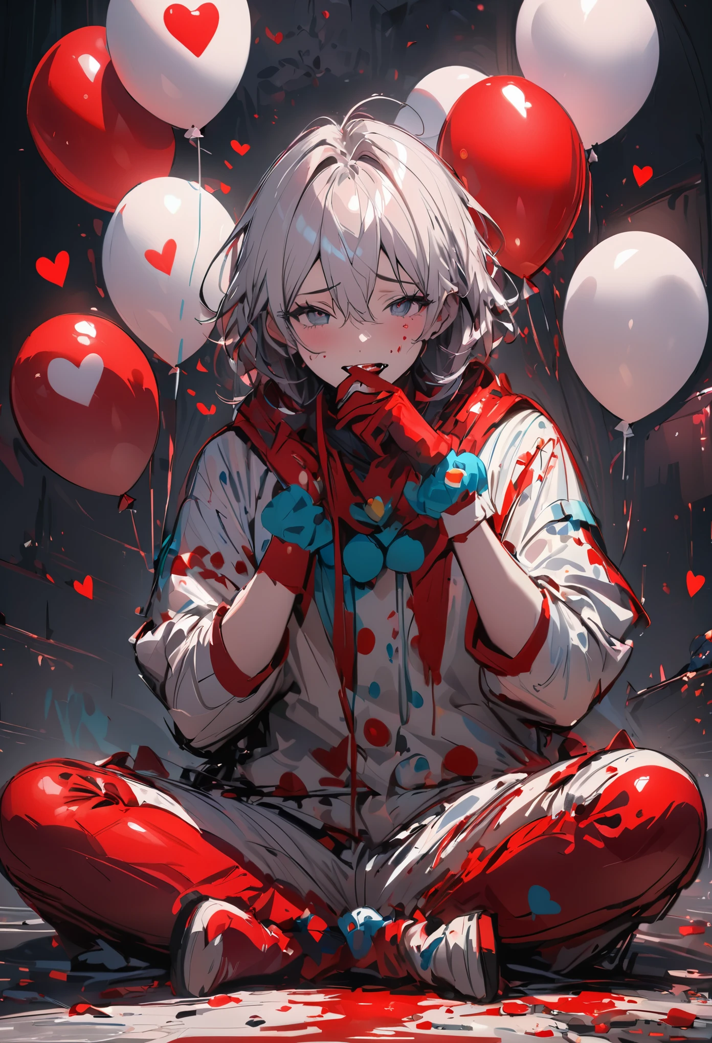 (Masterpiece Painting:1.3) of (Sketch:1.3),(Sad:1.3) 1clown, boy, Gorgeous clown suit,blood bleeding from the heart position,looking at viewer,ballons everywhere, red and white as the color theme,dark background,some smiley emojis hidden in the dark