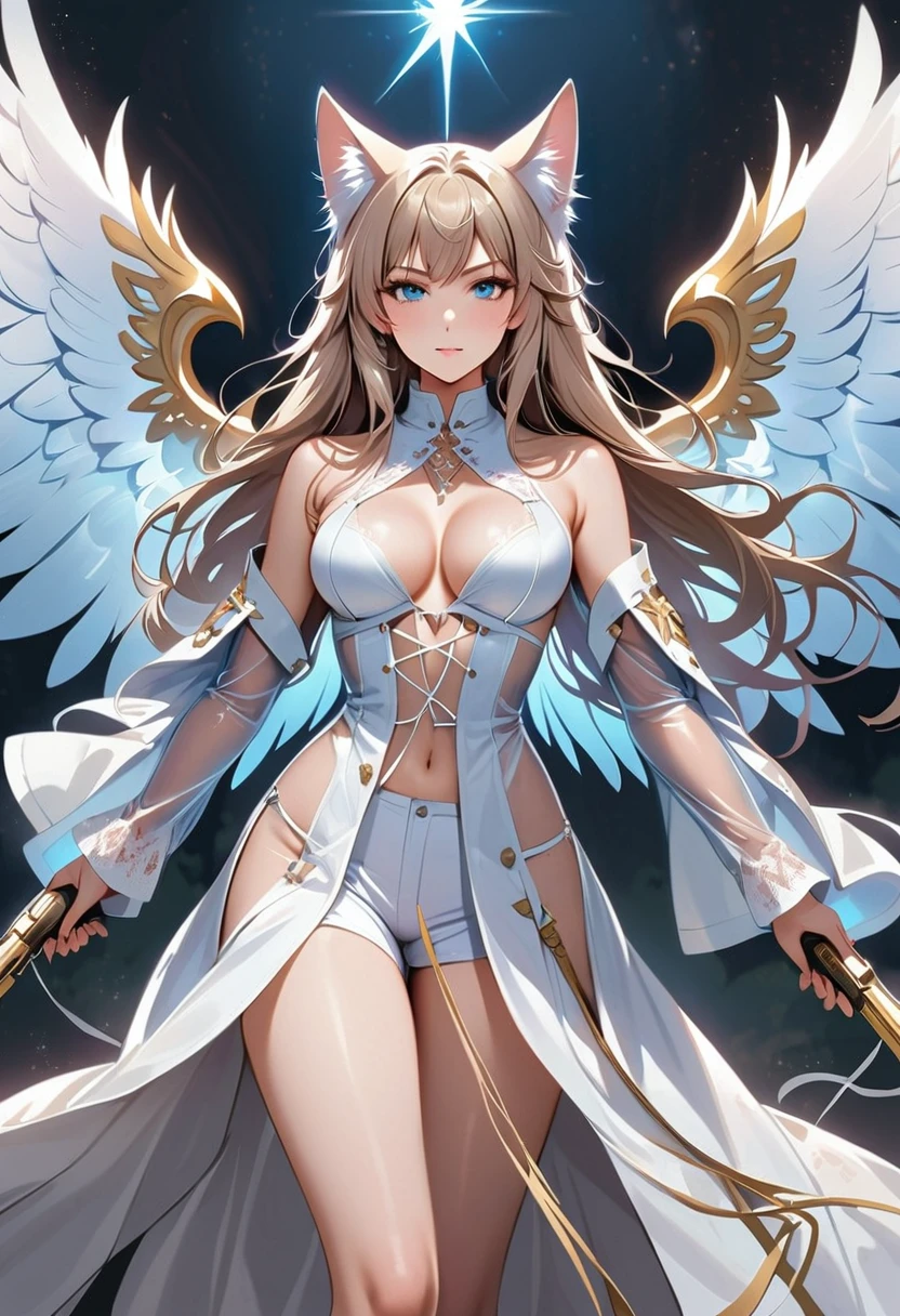 Create an image of an Angelic gunslinger standing proudly, with feathered wings spread wide behind them. They wield two gleaming silver pistols, radiating divine energy. The gunslinger's serene face contrasts with their determined stance, embodying both grace and firepower in equal measure.