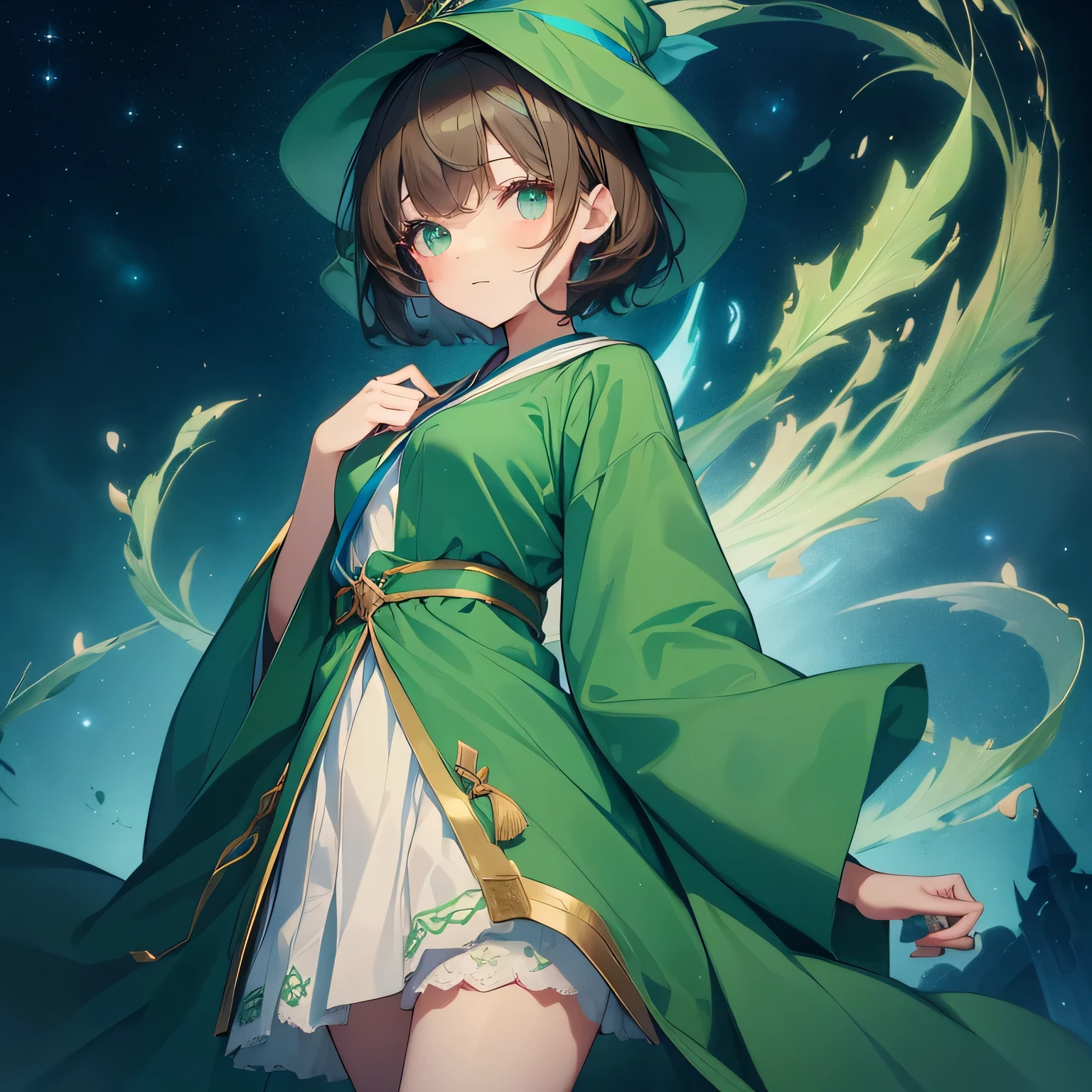 highest quality、very delicate and beautiful、((teenage girl))、green eyes、small breasts same、short hair、Brown hair mixed in、short hair、(Green Wizard Hat)、(a large blue ribbon on the head)Soio、Green clothing、long sleeve、Red brooch on the neck、((Blue wizard robe dressed in green))、standing ceremony
