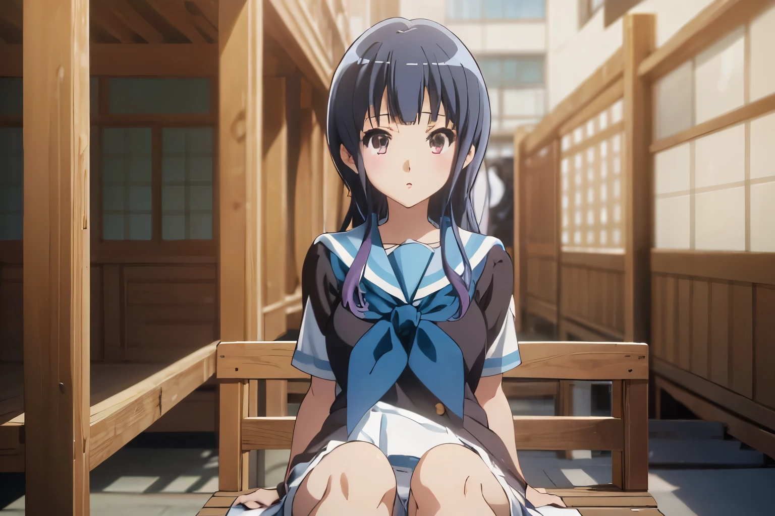 From below ,upskirt,cowboy shot ,Beautiful legs,1girl,sitting , (((wind))),outdoors,looking afar,((( wind))),white lace panties ,beautiful thighs alone ,beautiful thighs,looking at the viewer, anime coloring, mizore yoroizuka, Kitauji High School , serafuku, blue sailor collar, Blue neckerchief, looking at the viewer, parted lips , blurry,(figure:0.8), (detailed and beautiful eyes:1.6), highly detailed face, perfect lighting, Highly detailed CG, (perfect hands, perfect anatomy),masterpiece,High resolution,anime key visual,detailed and beautiful eyes,highest  quality,unity 8k wallpaper,super dense skin,white skin,best quality, Wallpaper,8k,Kyoto animation,Ultra detailed eyes,growing eyes,detailed face,high detailed hair,highest quality,holding music instrumental,fulute 
