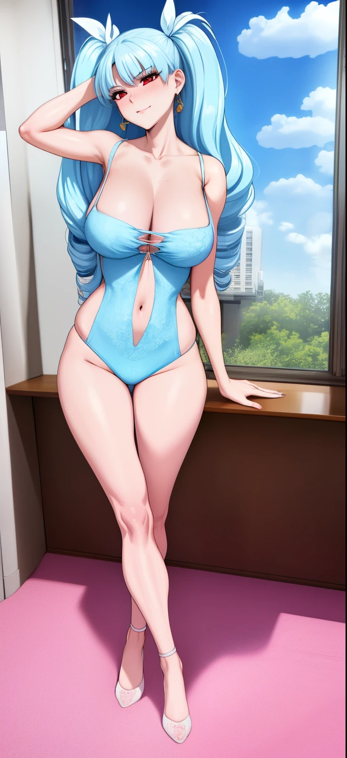 Valentina, The woman, Average Breasts, Adult, red eyes, feminine body, in full height, A big smile, Blue hair, twintail, light blue hair((beautiful portrait)), ((cinematic lighting)), ((render art)), ((High definition)),  athletic figure, tight attire, sexy hips, perfect dynamic body form, [expressionless; (tired, sweaty, blushing)], (open room), [background; (Mat on floor, (window; daytime, trees, clouds)]