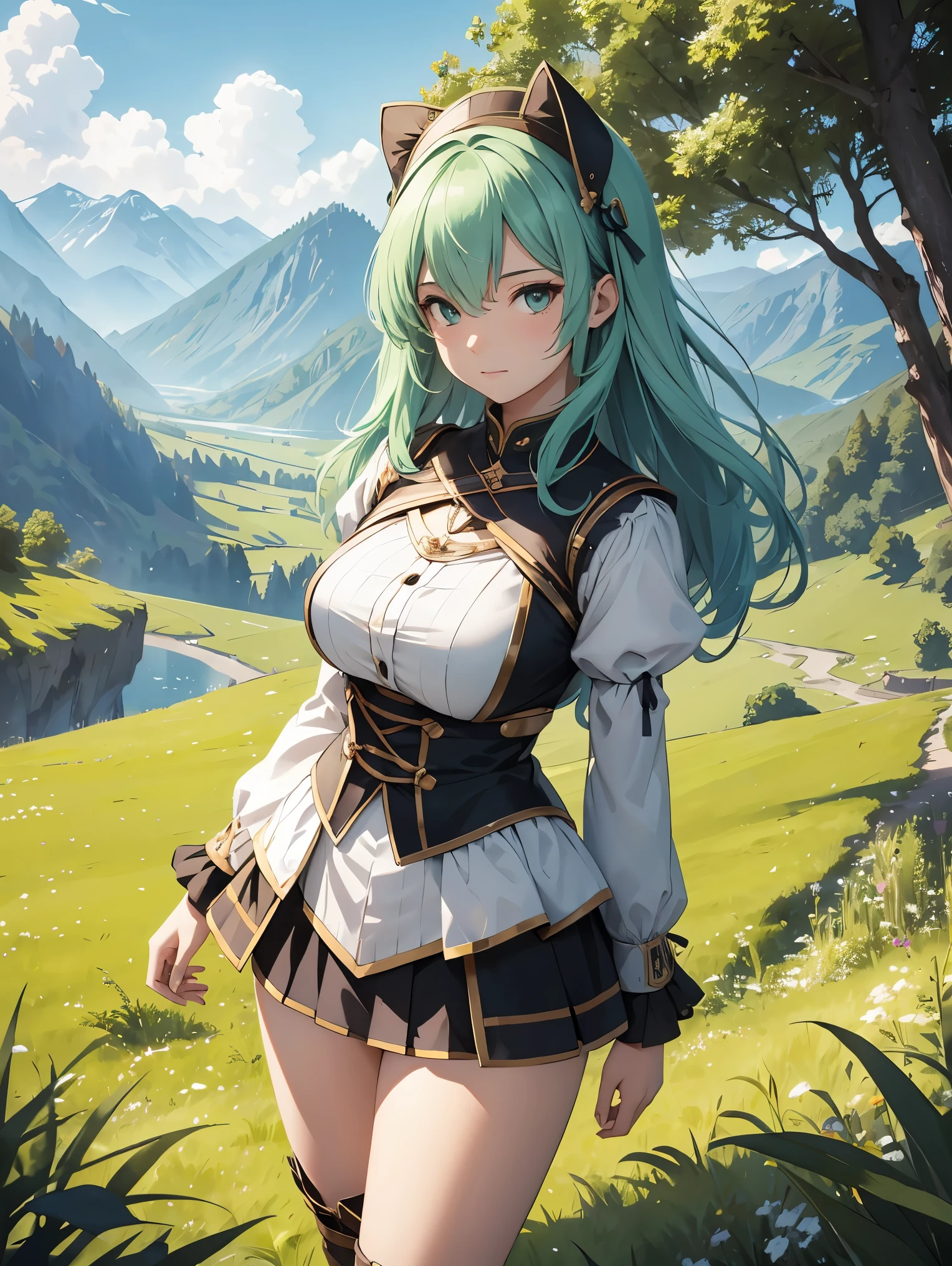 In a green meadow is a girl who leads a group of knights.
BREAK
With a brave expression, guides them to their destination.
BREAK
Behind her, A green forest extends and beyond that, Mountains rise in the distance.
BREAK
The most suitable effect for this scene would be a watercolor painting technique to capture the softness of the meadow and the fluidity of movement.. ,((detailed)), ((high quality)),((well structured)),((anatomically correct)),((good composition)), ((good perspective)),((masterpiece)), ( ( detailed outline)),((extremely detailed)),((digital art)), digital illustration, ((well-proportioned bodies)), high resolution, high definition, full definition, full resolution, detailed face, 4k,HD, Sharp,perfect,depth,with depth,sharp focus,Depth of field