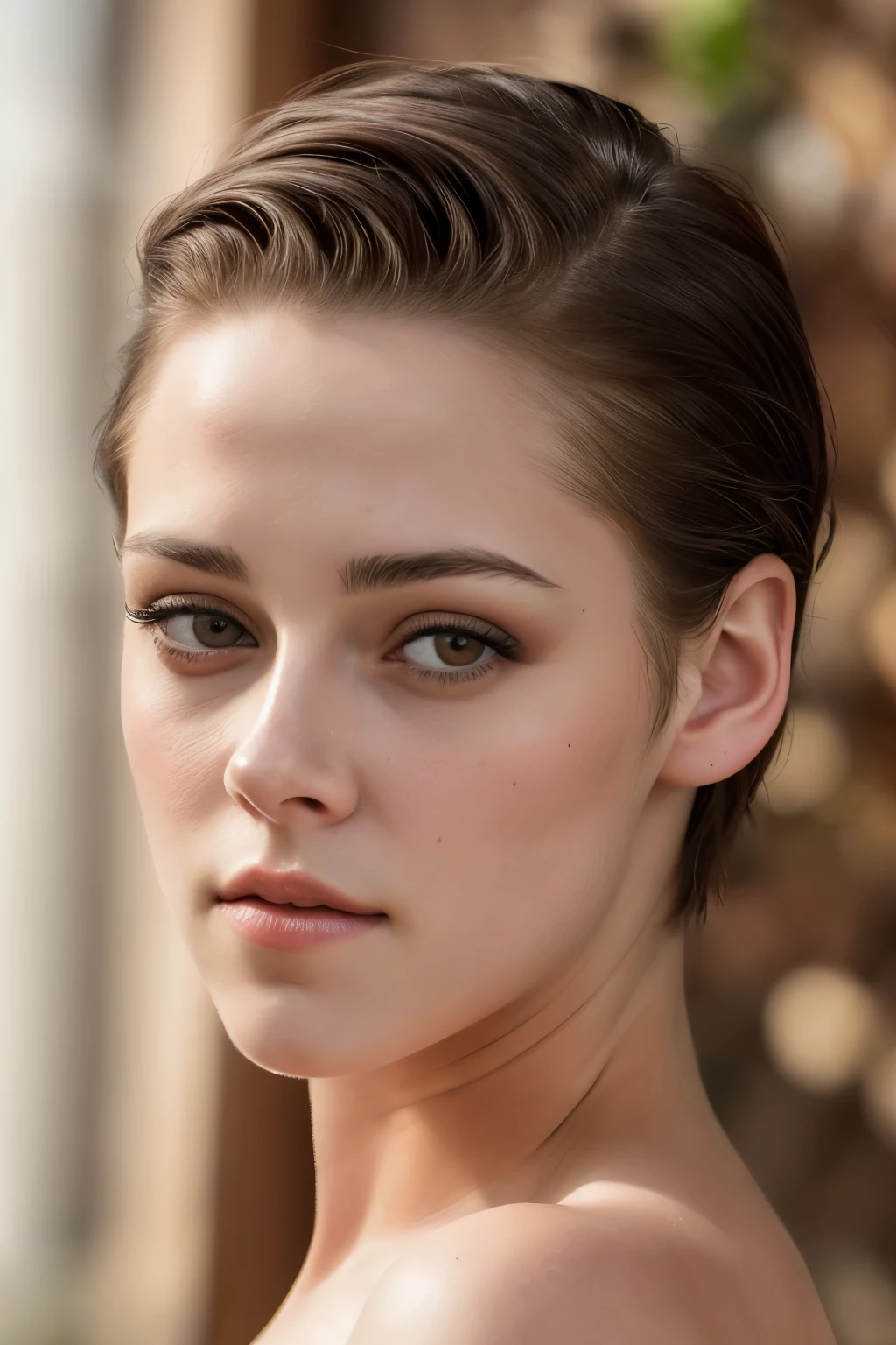 Portrait photography, (masterpiece, best quality, high quality, highres, ultra-detailed, 8k), HDR, DOF, bokeh: A striking image of a girl who bears a strong resemblance to the actress Kristen Stewart. Her slicked-back short hair shines under soft light, highlighting the delicate contours of her face. Intricate rim light outlines her features, while beautiful shadows add depth and dimension. elaborately detailed, capturing every ripple and texture, showcasing pores, skin texture and peach fuzz in a raw and photorealistic manner, (realistic eye and face details:1.3). This captivating
