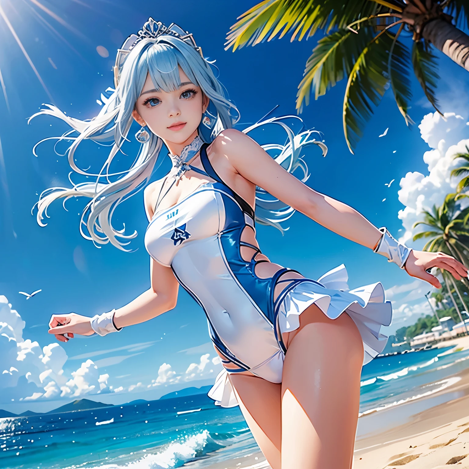 low angle,from below,(1girl),solo,(Kamisato Ayaka in Genshin Impact), ((masterpiece, highest resolution,best quality)), (beautiful illustration),(semi long beautiful silver blue hair),(beautiful blue eyes), (white beautiful elegant one piece swimsuit), (swimming in the sea),
innocent smile, white over-kneehighs,Lace chalker, wristband, fingerless gloves, over-kneehighs,
Lace chalker, diamond necklace,wristband, fingerless gloves, earrings, windy,cinematic lighting, beach, sand, blue sky, waves, coconut tree,