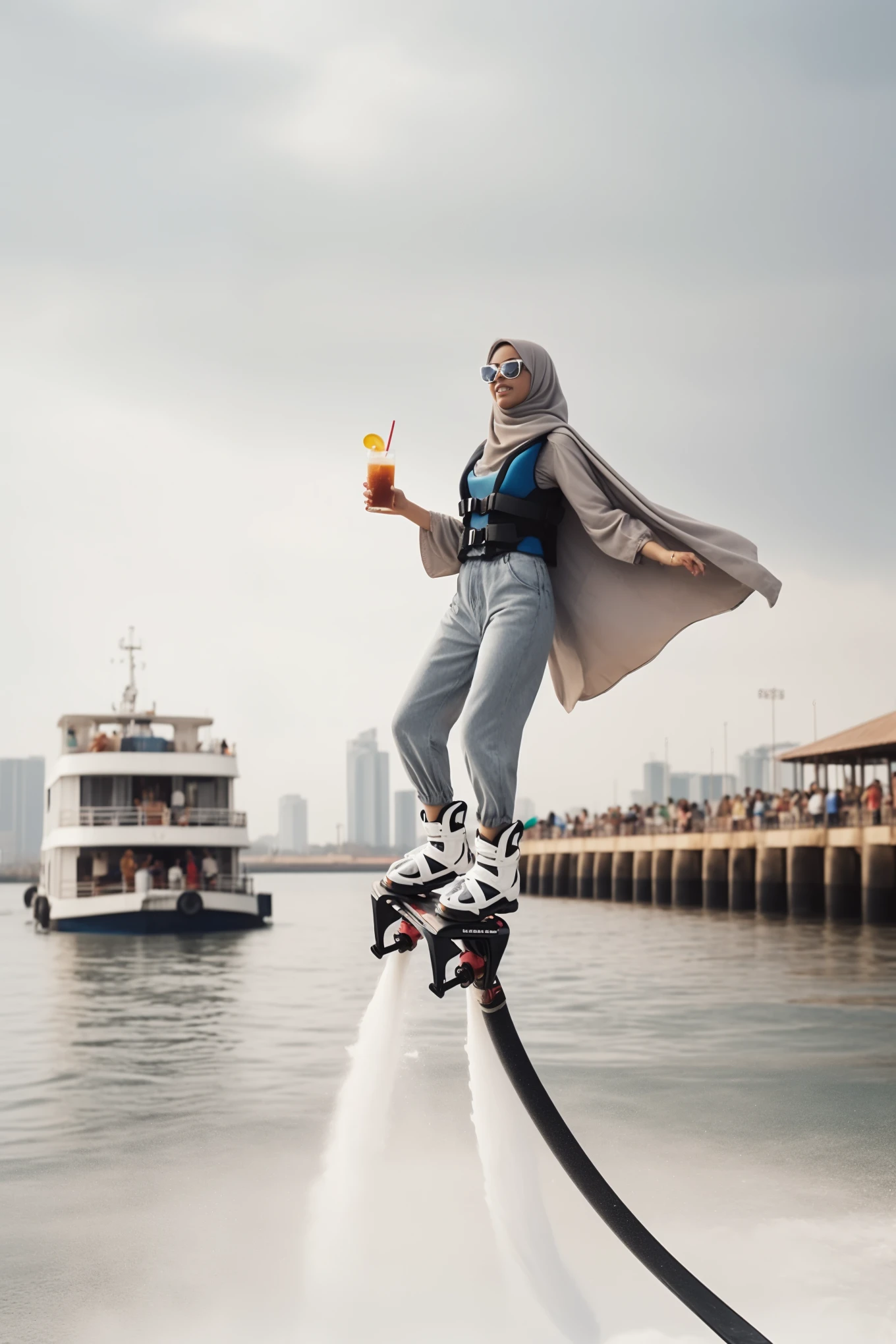 arafed woman on a water board with a drink and a boat, hoverboard, hoverboards, by Ibrahim Kodra, harriet tubman skateboarding, shot on iphone 1 3 pro max, wearing jetpack, by Chris LaBrooy, a woman floats in midair, levitating, jetpacks, by irakli nadar, jetpack