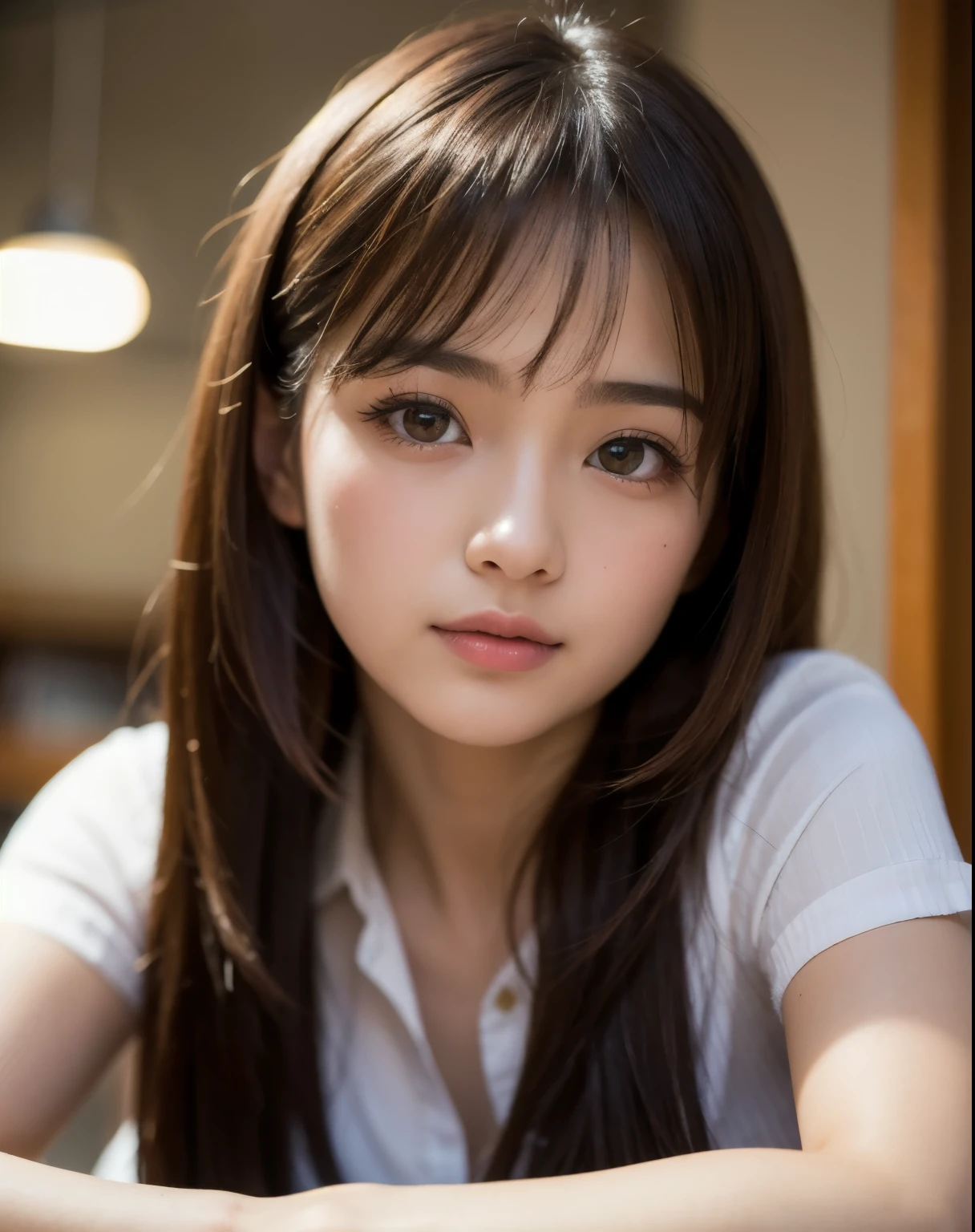 highest quality, face focus, soft light, ultra high resolution, (realistic:1.4), Raw photo,
1 japanese girl, alone, cute, (pupil, light in the eyes), detailed beautiful face, (small box),(High resolution details of human skin texture),
(long hair),
indoor,
damask shirt dress,
(portrait)