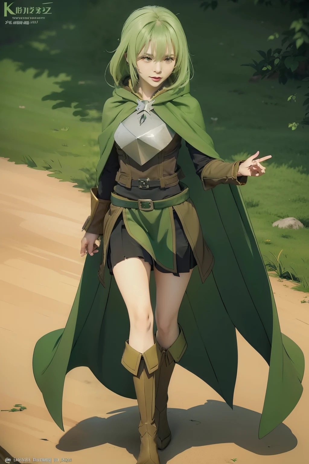 a cartoon drawing of a woman in a green cape and boots, with a green cloak, green cloak, full body concept, rpg portrait full body, wearing a green cloak, wearing green cloak, d&d protagonist, cushart krenz, official character art, fullbody rpg portrait, ( ( character concept art ) ), fus rei, jrpg character art,White background