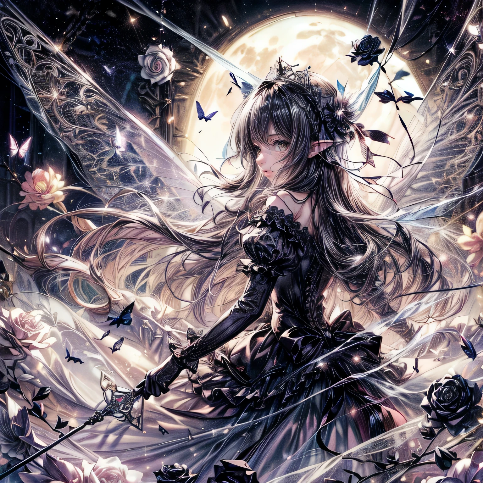(exquisite, beautiful, very detailed, masterpiece, high quality, confused, High resolution, Full HD, 16k), (thin line: 1.2, soft lines:1.2, beautiful and delicate face), ((night, full moon,Starry sky seen from the window, Interior of a baroque castle)), (cool fairy princess,Has butterfly-like fairy wings.), (black rose, black flower blizzard, look at the camera,prepare the sword),((super wide shot, Ultra wide angle of view, whole body)), ((serious expression, Serious atmosphere,)), (medium black hair:1.5), (silver tiara, earrings, beautiful choker), ((white gloves,Fluffy shoulder black ball gown dress:1.1, Balloon sleeves,jewels and white lace and frills, Fairy wings from the back)), (light pink blush, plump pink lips,big bust,Fair skin, good style), (dim lighting, pastel colour,candle light, moonlight, gentle light,)