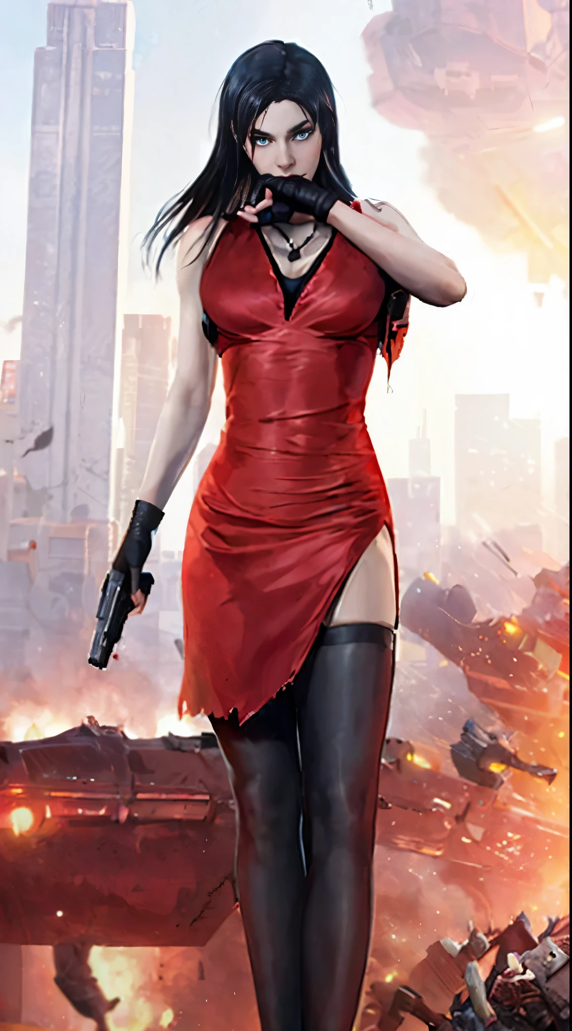 arafed woman in a red dress holding a gun in front of a city, urban fantasy style, stylized urban fantasy artwork, female rouge assassin, wojtek fus, glamorous tifa lockheart, urban fantasy, glamorous jill valentine, stunning cgsociety, succubus in tight short dress, seductive cyberpunk dark fantasy, tifa, female assassin, tifa lockheart