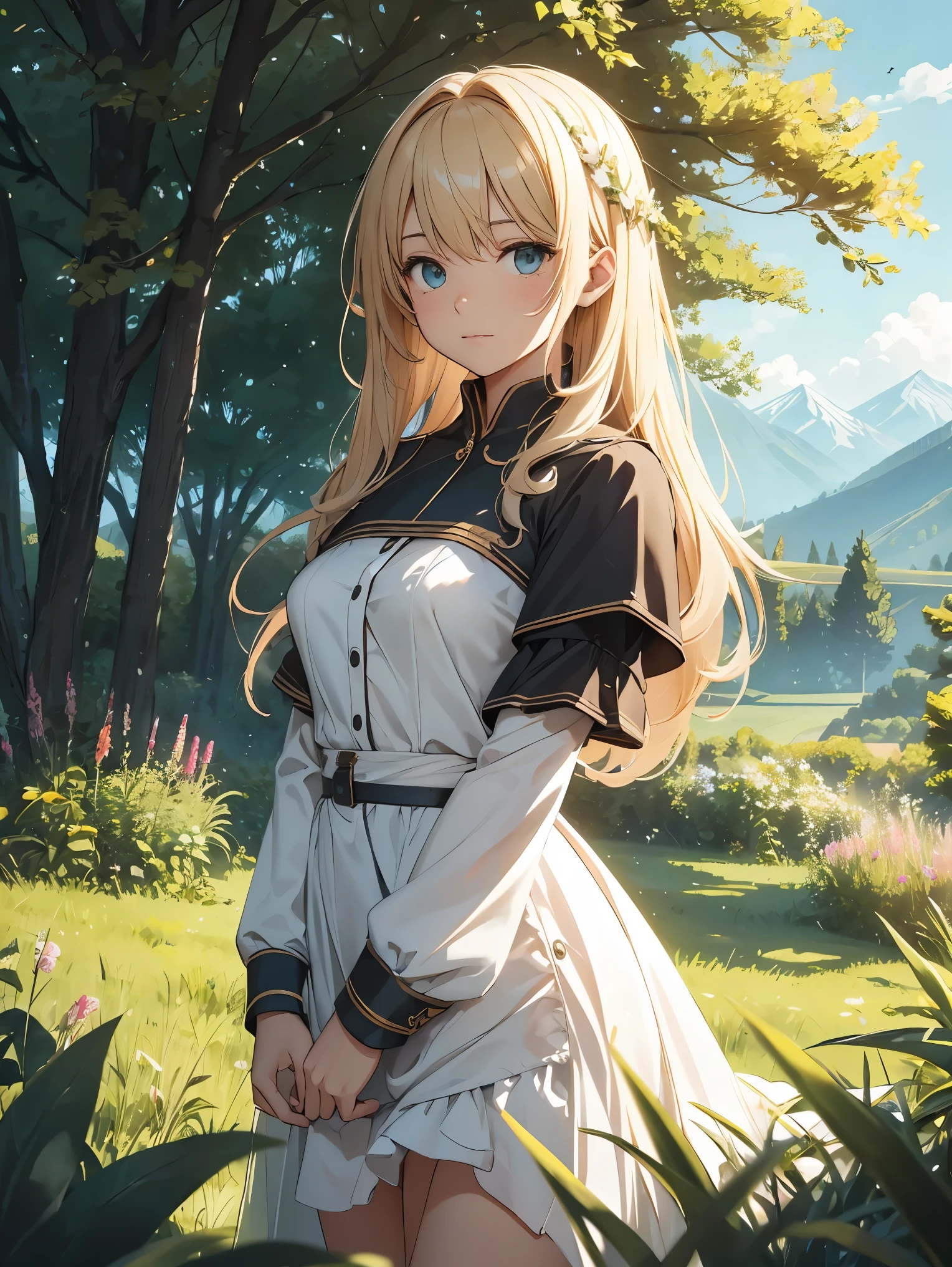 In a green meadow is a girl who leads a group of knights.
BREAK
With a brave expression, guides them to their destination.
BREAK
Behind her, A green forest extends and beyond that, Mountains rise in the distance.
BREAK
The most suitable effect for this scene would be a watercolor painting technique to capture the softness of the meadow and the fluidity of movement.. ,((detailed)), ((high quality)),((well structured)),((anatomically correct)),((good composition)), ((good perspective)),((masterpiece)), ( ( detailed outline)),((extremely detailed)),((digital art)), digital illustration, ((well-proportioned bodies)), high resolution, high definition, full definition, full resolution, detailed face, 4k,HD, Sharp,perfect,depth,with depth,sharp focus,Depth of field