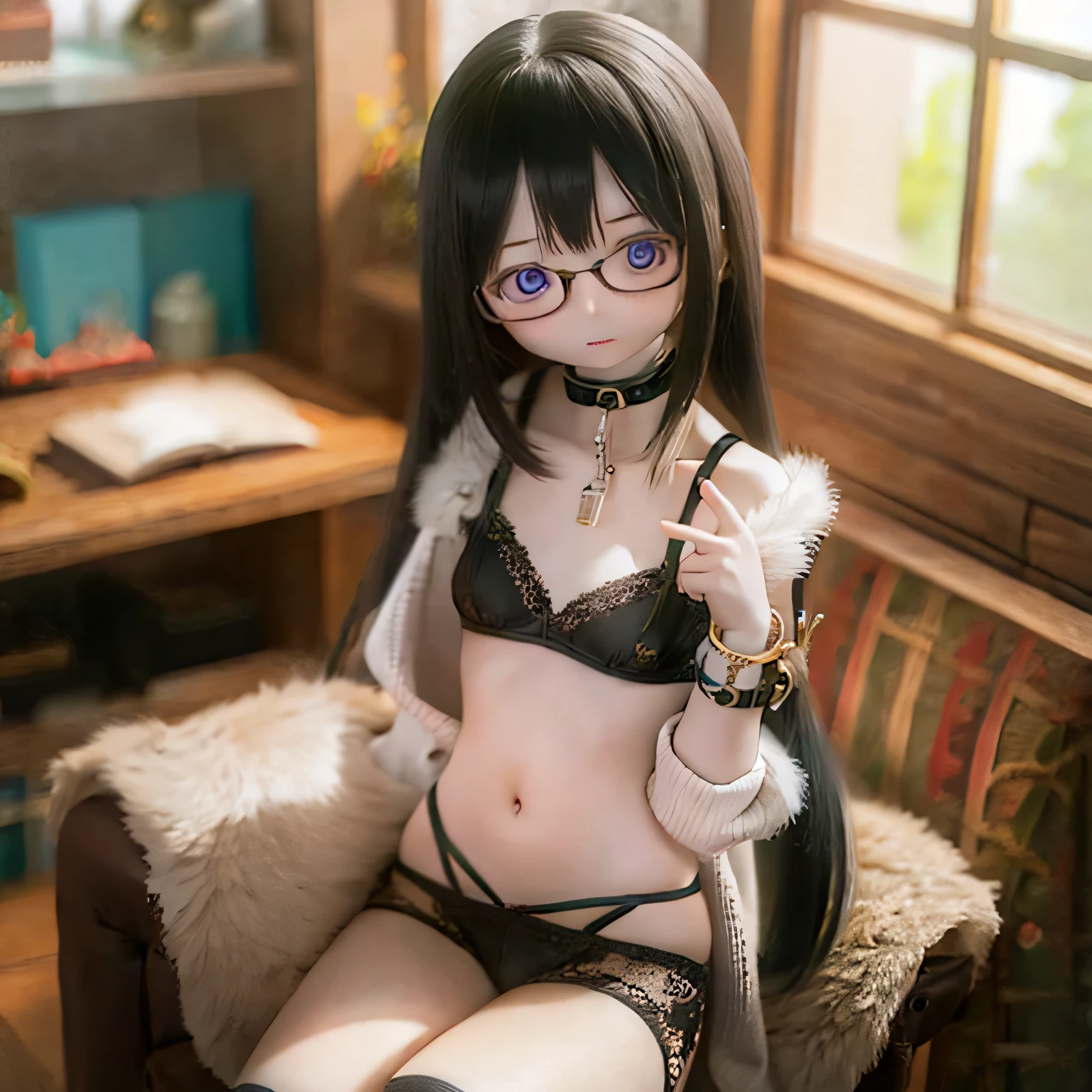 (best quality,photorealistic:1.37),vivid colors,ultra-detailed,physically-based rendering,"tabletop","expressive eyes","perfect face","closed lips","small chest","barefoot","Akemi Homura standing","black hair","sitting on a chair","black-framed glasses","underwear"