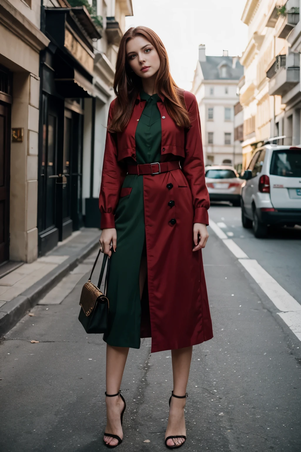 red middle length hair woman with green eyes in fine clothes,full photo,she is at beside street