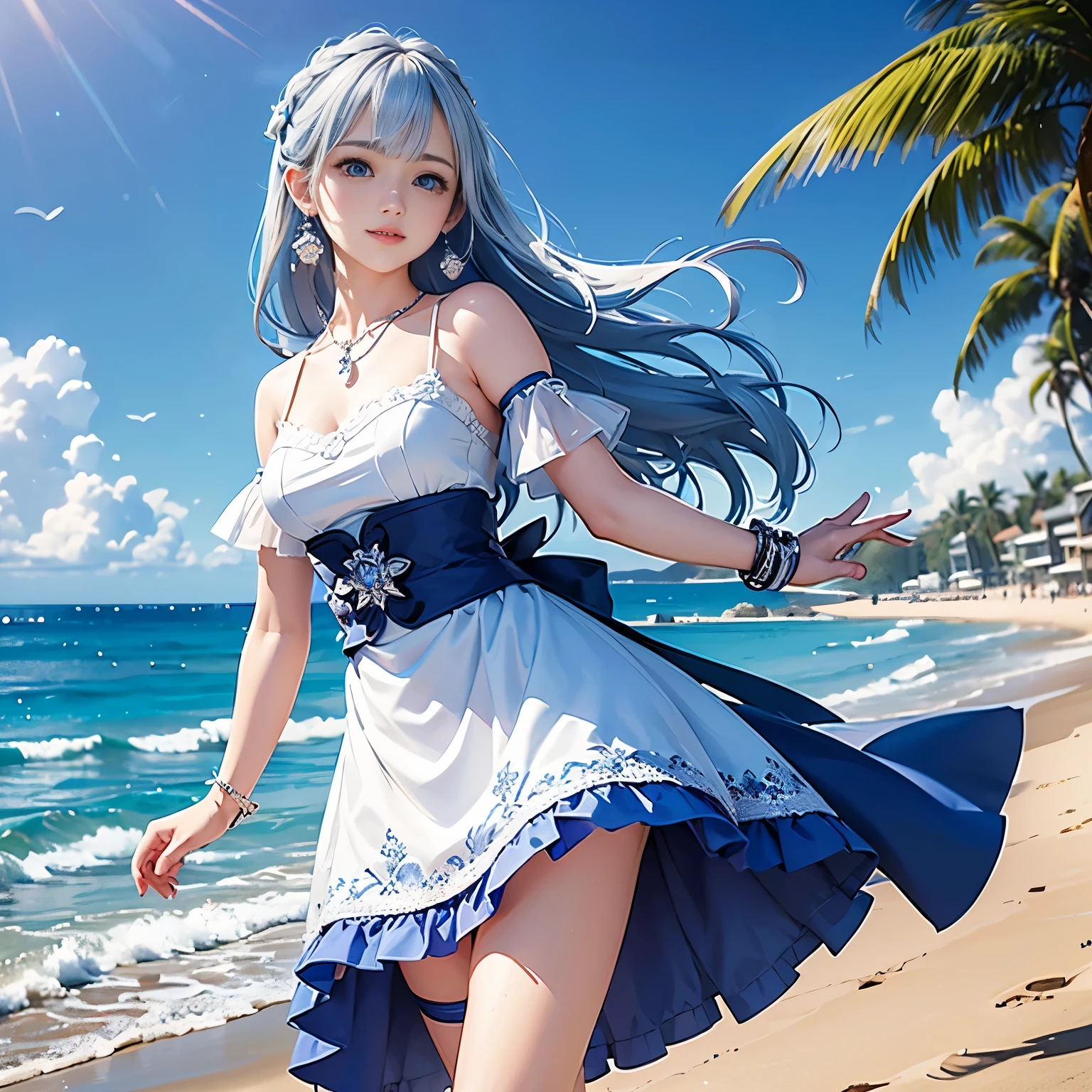 low angle,from below,very windy,skirt lift,panty shot
(1girl),(Kamisato Ayaka in Genshin Impact), ((masterpiece, highest resolution,best quality)), (beautiful illustration),(semi long beautiful silver blue hair),(beautiful blue eyes), (white elegant see through camisole), (looking at the viewer),
innocent smile, white over-kneehighs,Lace chalker, wristband, fingerless gloves, over-kneehighs,
Lace chalker, diamond necklace,wristband, fingerless gloves, earrings, windy,cinematic lighting, beach, sand, blue sky, waves, coconut tree,