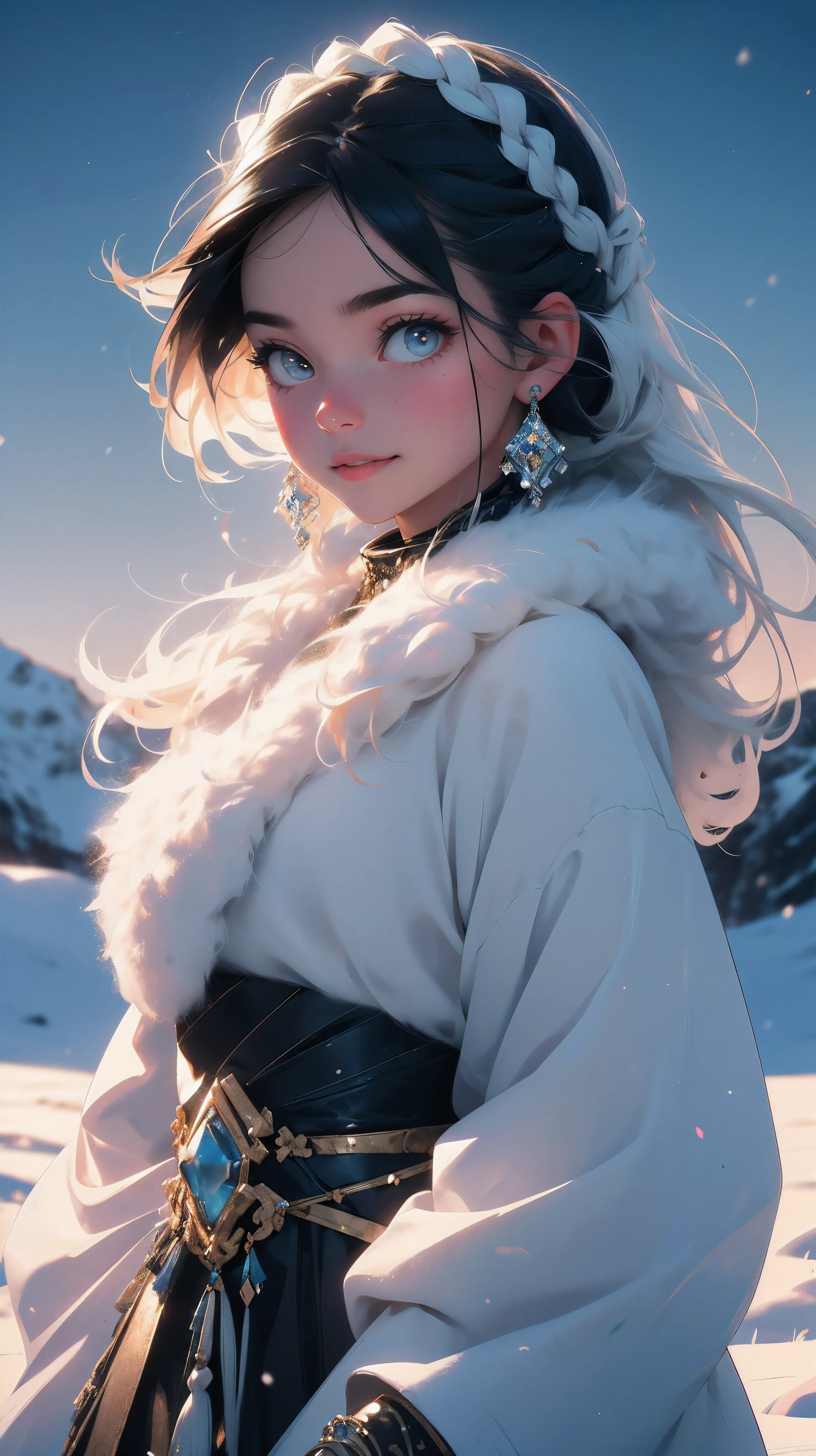 (best quality,4k,8k,highres,masterpiece:1.2),ultra-detailed,(realistic,photorealistic,photo-realistic:1.37),Eskimos girl in traditional dress,beautiful detailed eyes,beautiful detailed lips,extremely detailed eyes and face,long eyelashes,flawless skin,flowing black hair in braids,soft natural light,white fur clothing,ornate beaded patterns,traditional handmade boots with fur trim,ice blue tones,snowy landscape,arctic horizon,igloo in the background,vivid colors,icy breath,subtle wind blowing,peaceful expression,smile of warmth and joy