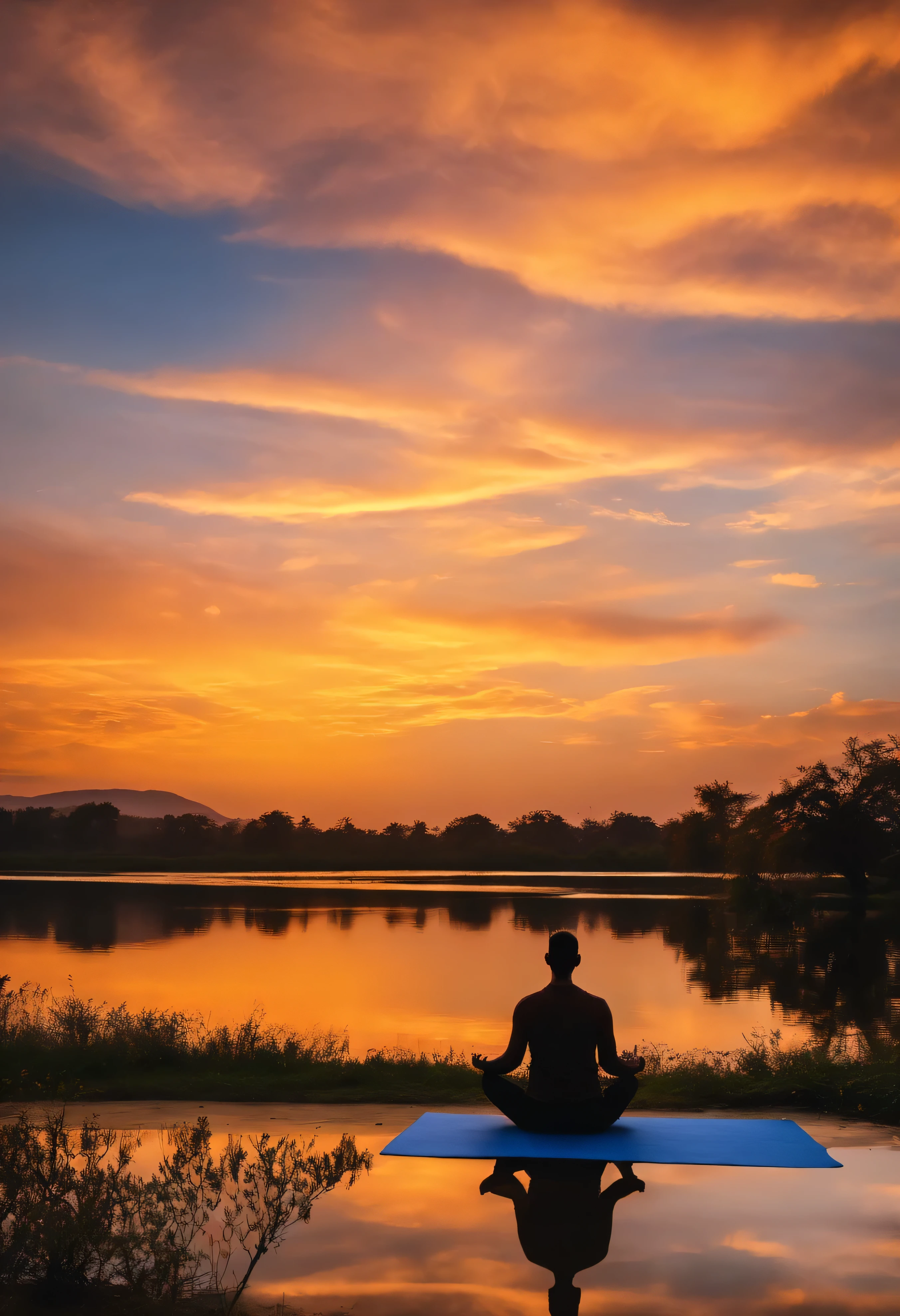 A real picture of a place full of hope and tranquility, the sky is clear, the place has a person sitting cross-legged and practicing yoga, there is a lake next to Bahaa, clear and calm waters, the sunset decorates the sky, high quality.