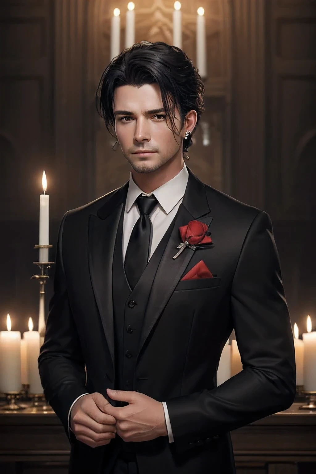 (Masterpiece), best quality, highest quality, highly detailed CG unity 8k wallpaper, original, high resolution, (depth of field: 1.5), fidelity: 1.3, masculine, groom portrait style, boy facing right, altar background candle at the back, black wedding suit, red wedding necktie, solo, earrings, black_hair,