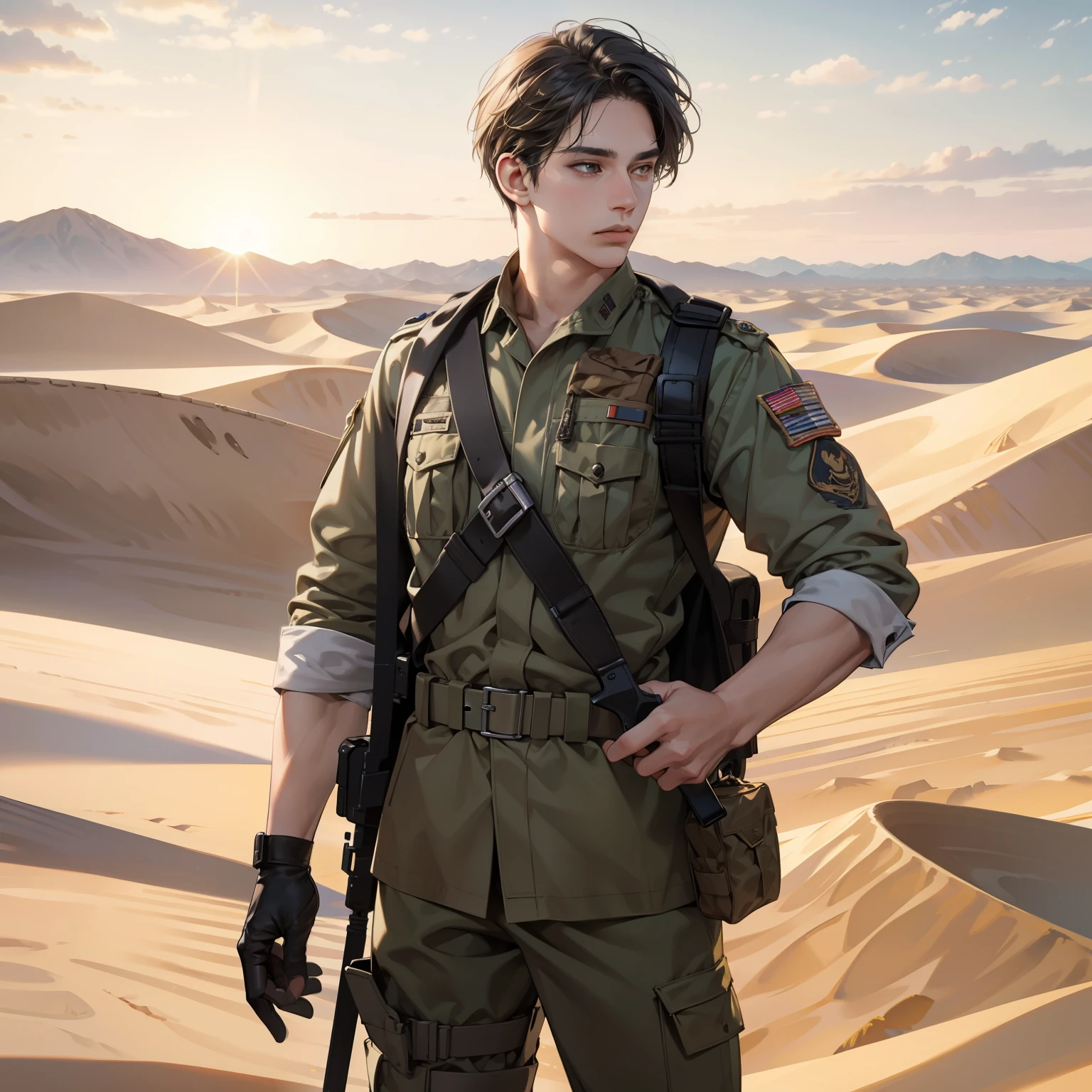 Masterpiece, high quality, best quality, 3D HD, realistic, perfect lighting, detailed body, 1 Man, military at war, desert background