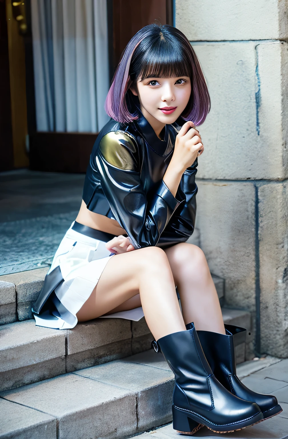 Beautiful girl leather skirt leather boots bobbed bangs big eyebrows short bob butt erotic shaved bob seaweed cut long boots black light blue pink VeryShort bowl cut