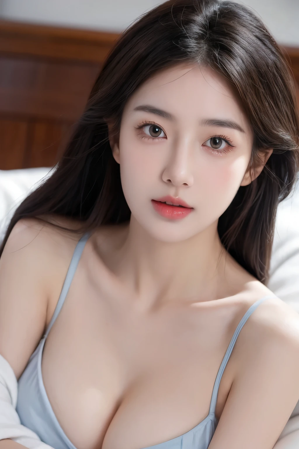 (lifelike,High resolution:1.3), A slim girl, The face shape and eyes are super delicate,black hair,The lips are rosy and shiny,(pretty face), (best quality), (super detailed), (Extremely detailed CG unified 8K wallpaper),full body photography,light blue bikini,lie down,(split),(model photos),sexy look,big eyes,(permanent),Eyes look at the audience,super huge breasts,Soft breasts,very realistic breasts,Hold your chest out,character-centered,