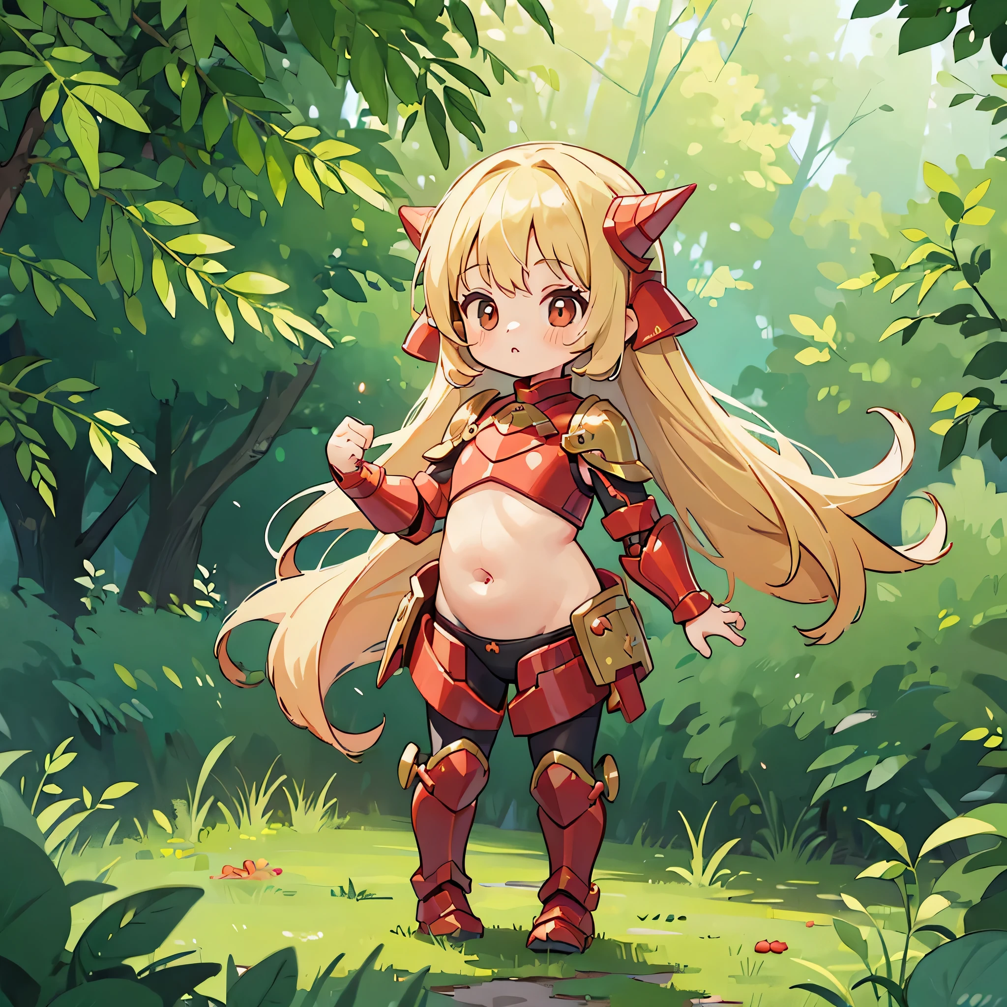 (toddler girl:1.5),Long blonde hair,red knight armor,shoulders are visible,belly button,standing,outdoors