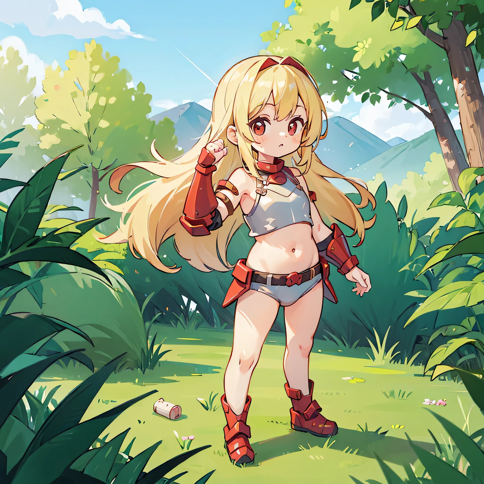 ( girl:1.5),Long blonde hair,red knight armor,shoulders are visible,belly button,standing,outdoors